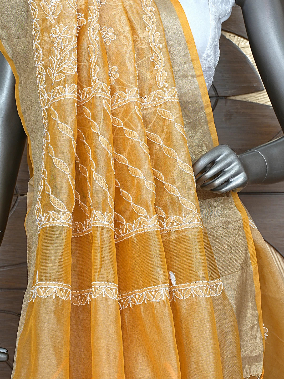 Ada Hand Embroidered Fawn Chanderi Lucknowi Chikankari Saree With Blouse 01A878651