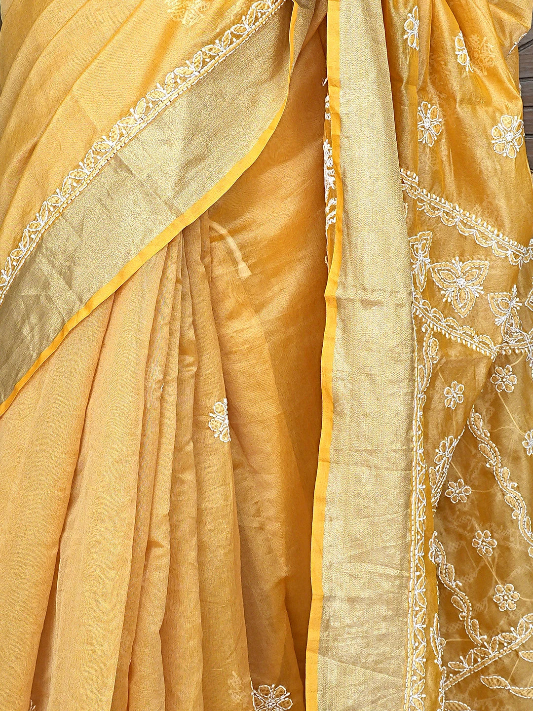 Ada Hand Embroidered Fawn Chanderi Lucknowi Chikankari Saree With Blouse 01A878651