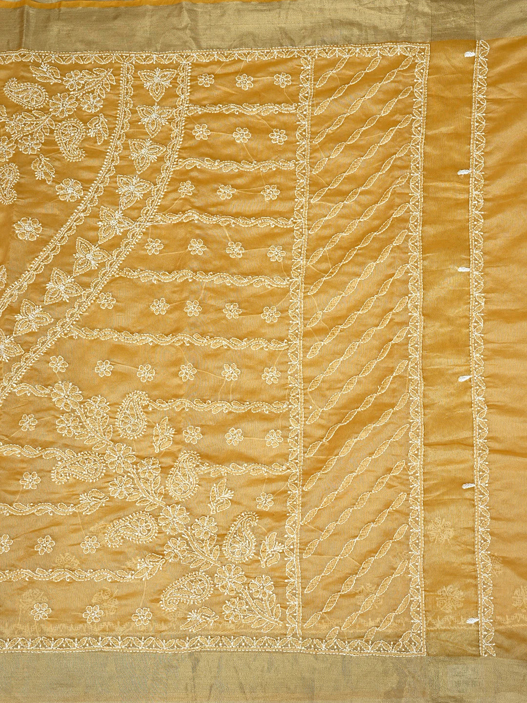 Ada Hand Embroidered Fawn Chanderi Lucknowi Chikankari Saree With Blouse 01A878651