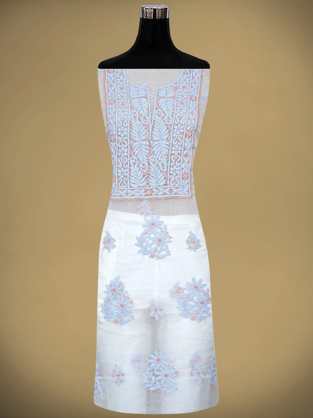Ada Hand Embroidered White Seashell Organza Lucknowi Chikankari Unstitched Kurta Dupatta Set With Cutdana Work 01A877734