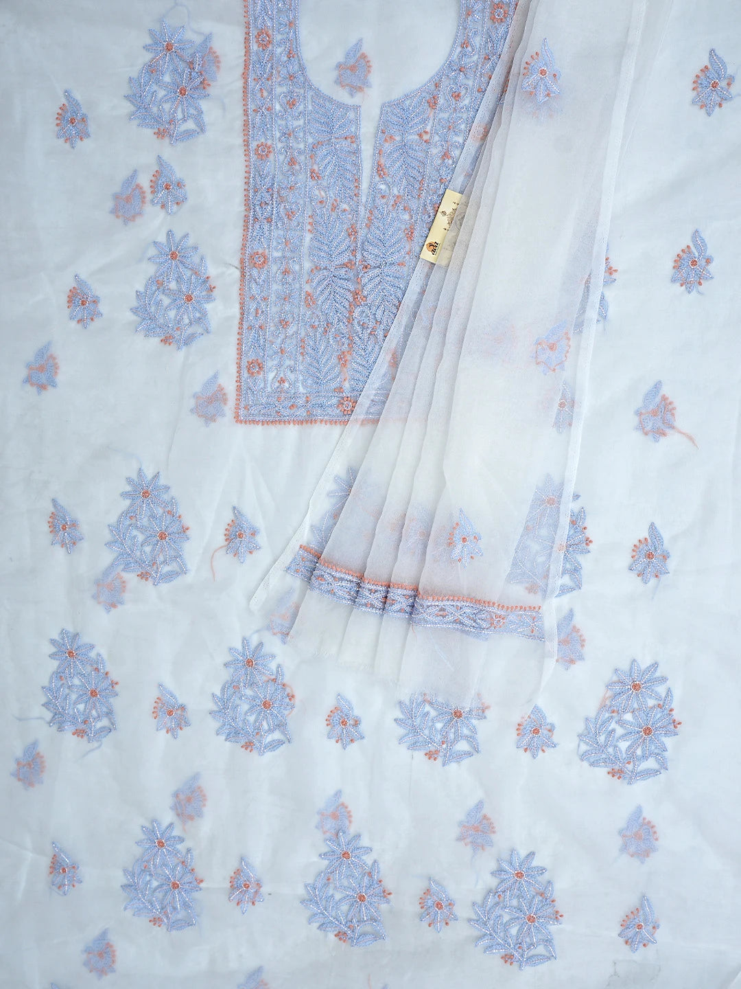 Ada Hand Embroidered White Seashell Organza Lucknowi Chikankari Unstitched Kurta Dupatta Set With Cutdana Work 01A877734
