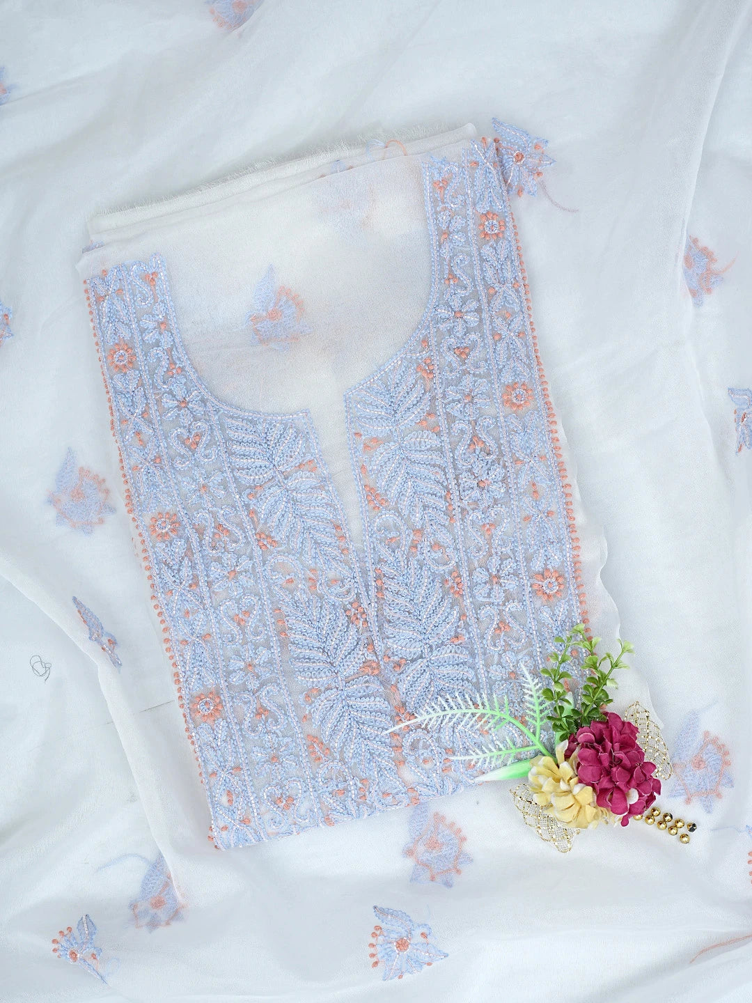 Ada Hand Embroidered White Seashell Organza Lucknowi Chikankari Unstitched Kurta Dupatta Set With Cutdana Work 01A877734