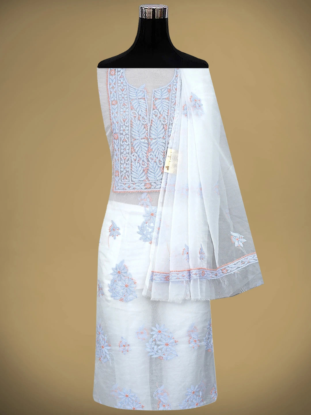 Ada Hand Embroidered White Seashell Organza Lucknowi Chikankari Unstitched Kurta Dupatta Set With Cutdana Work 01A877734