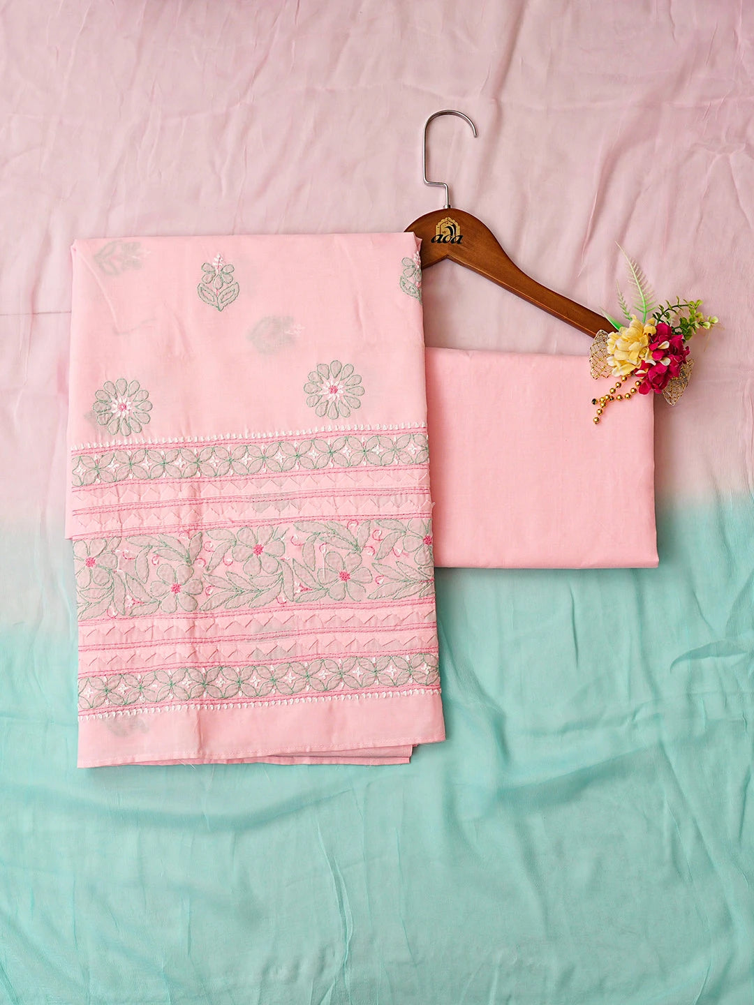 Ada Hand Embroidered Pink Cotton Lucknowi Chikankari Unstitched Suit Piece  with Chiffon Dupatta 01A879659