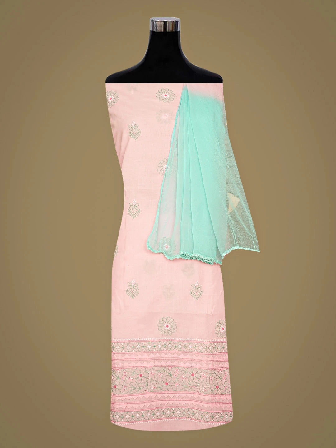 Ada Hand Embroidered Pink Cotton Lucknowi Chikankari Unstitched Suit Piece  with Chiffon Dupatta 01A879659