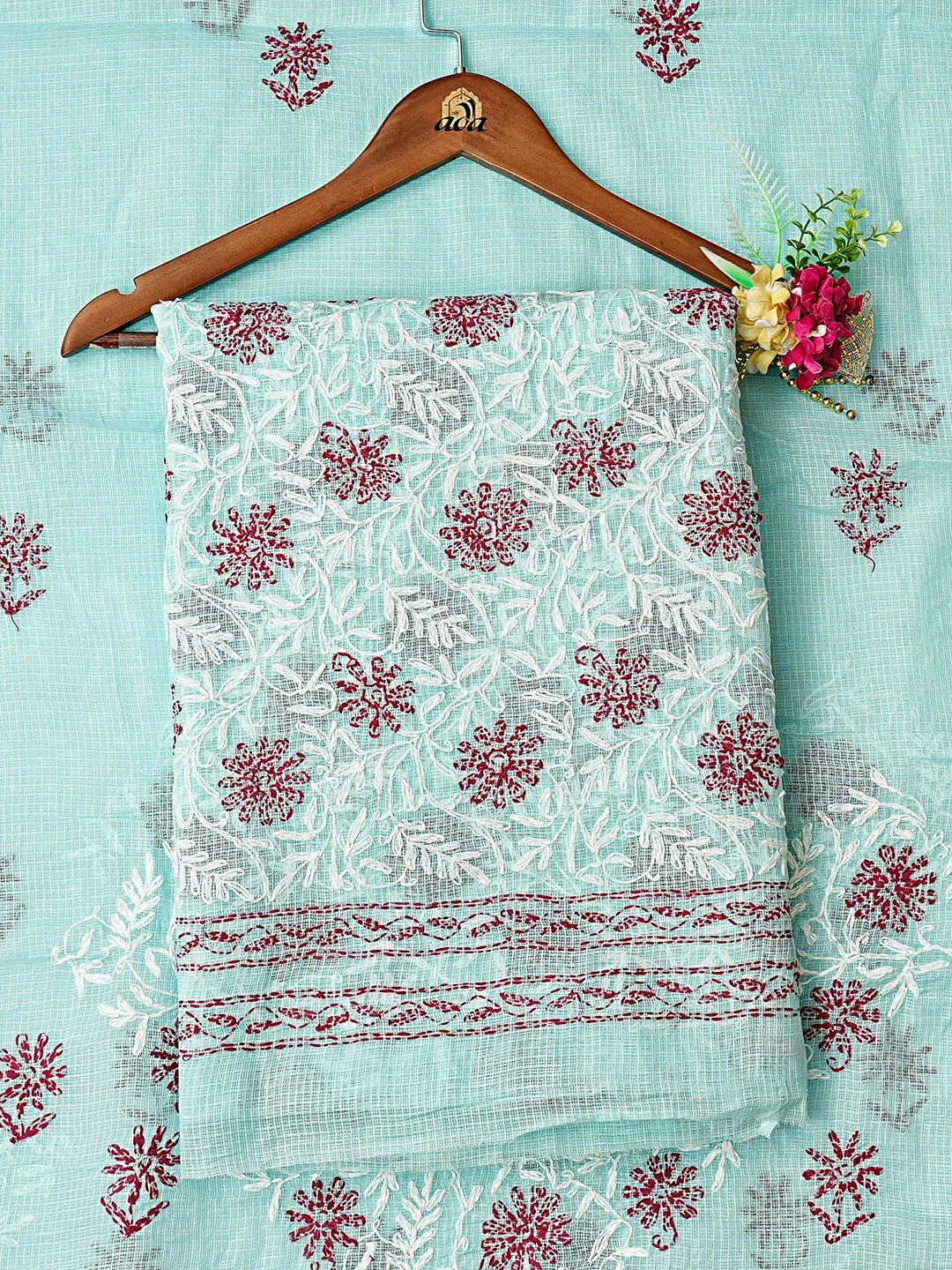 Ada Hand Embroidered Ice Blue Kota Lucknowi Chikankari Unstitched Kurta Dupatta Set 01A870327