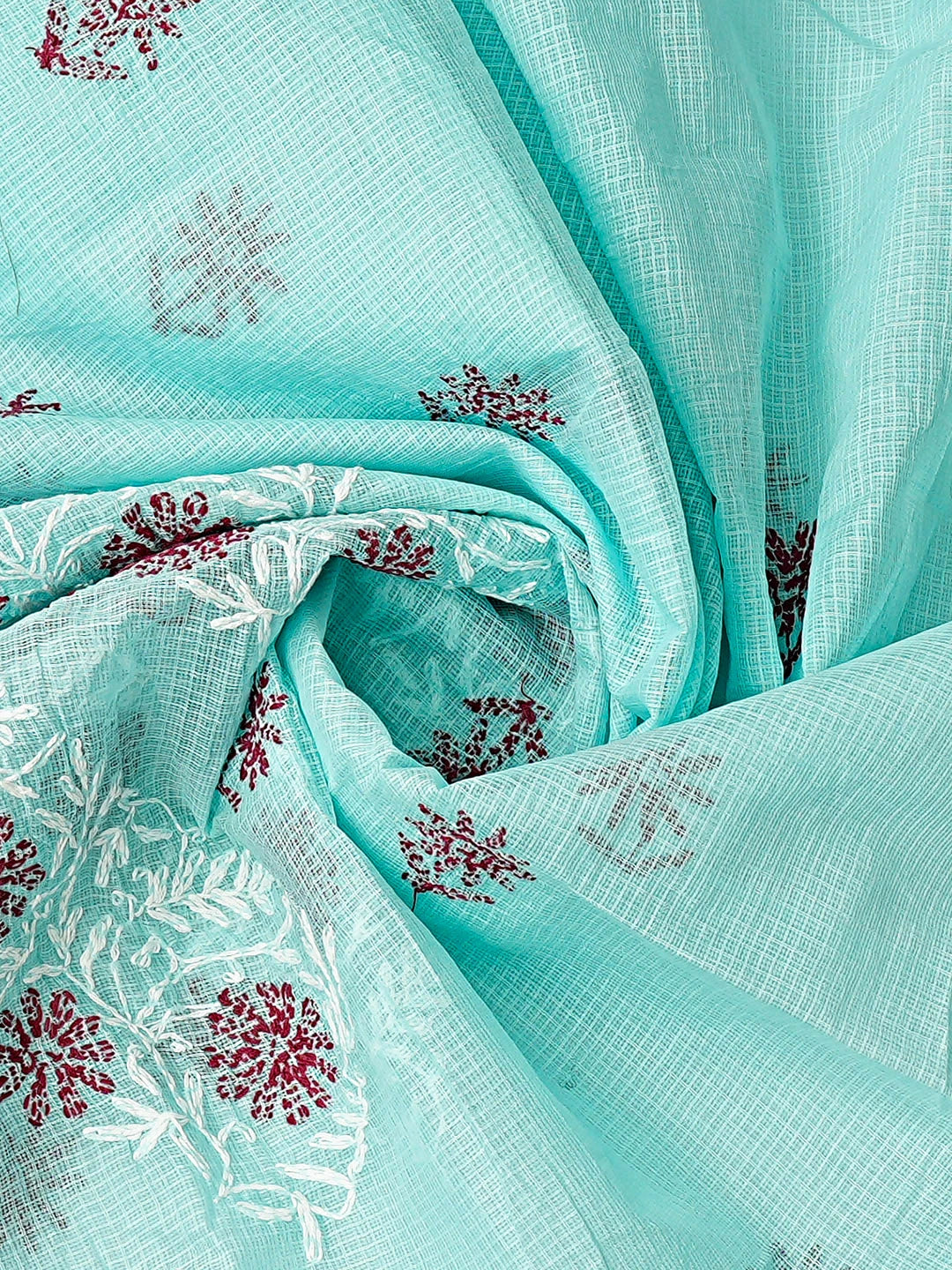 Ada Hand Embroidered Ice Blue Kota Lucknowi Chikankari Unstitched Kurta Dupatta Set 01A870327