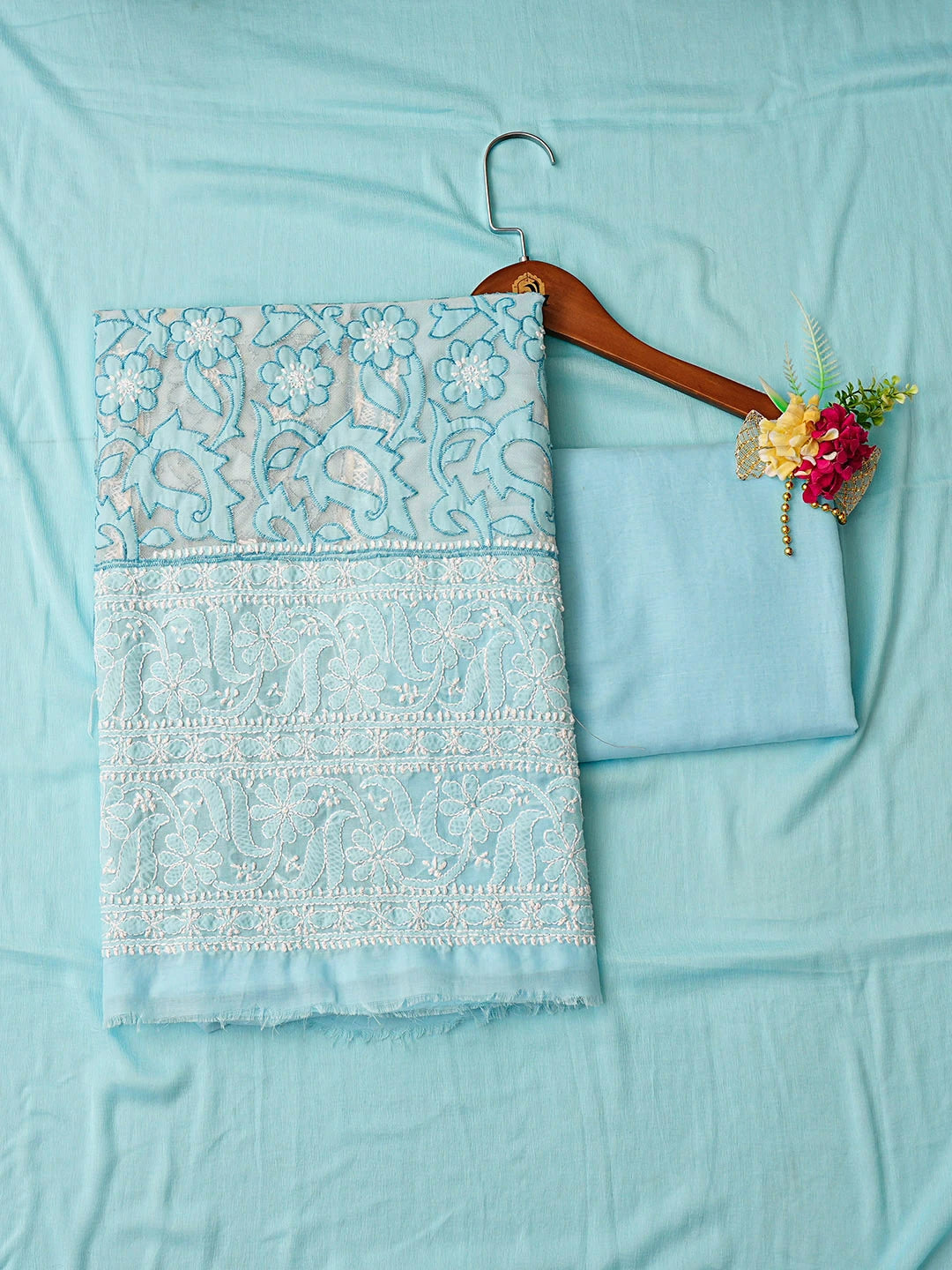 Ada Hand Embroidered Blue Cotton Lucknowi Chikankari Unstitched Suit Piece with Chiffon Dupatta 08A500403