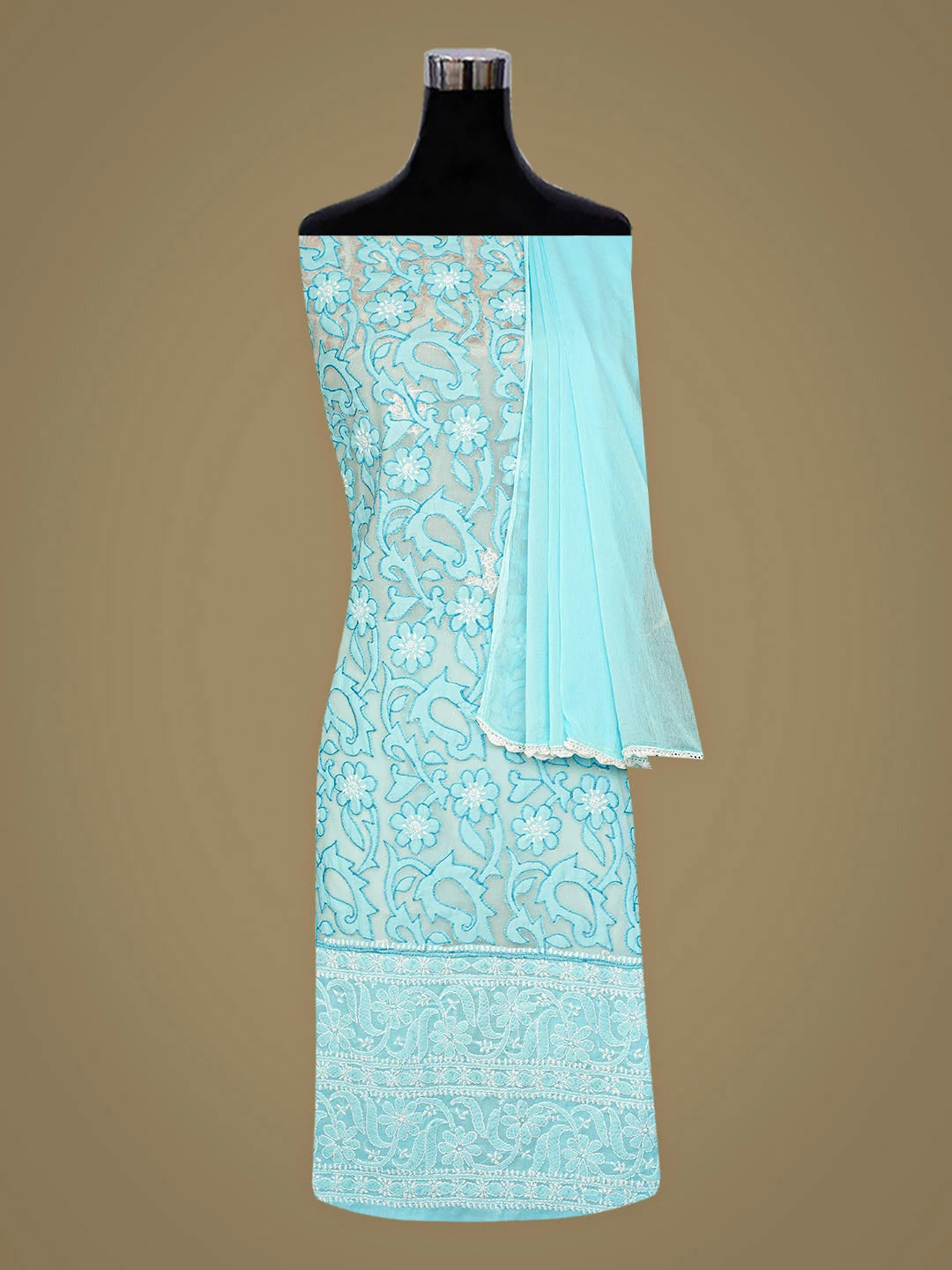 Ada Hand Embroidered Blue Cotton Lucknowi Chikankari Unstitched Suit Piece with Chiffon Dupatta 08A500403