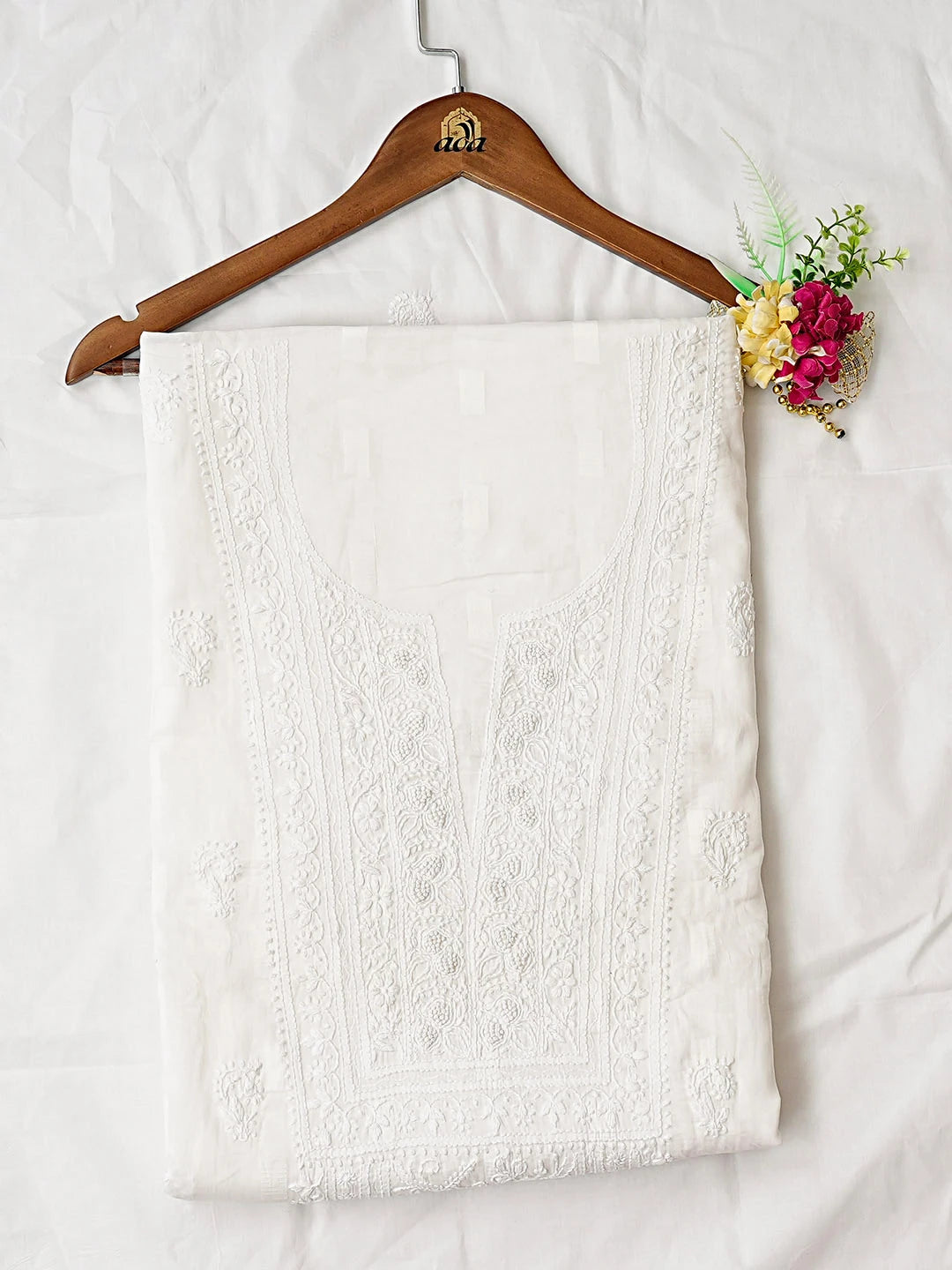 Ada Hand Embroidered White Cotton Lucknowi Chikankari Unstitched Kurta Dupatta Set 01A580340