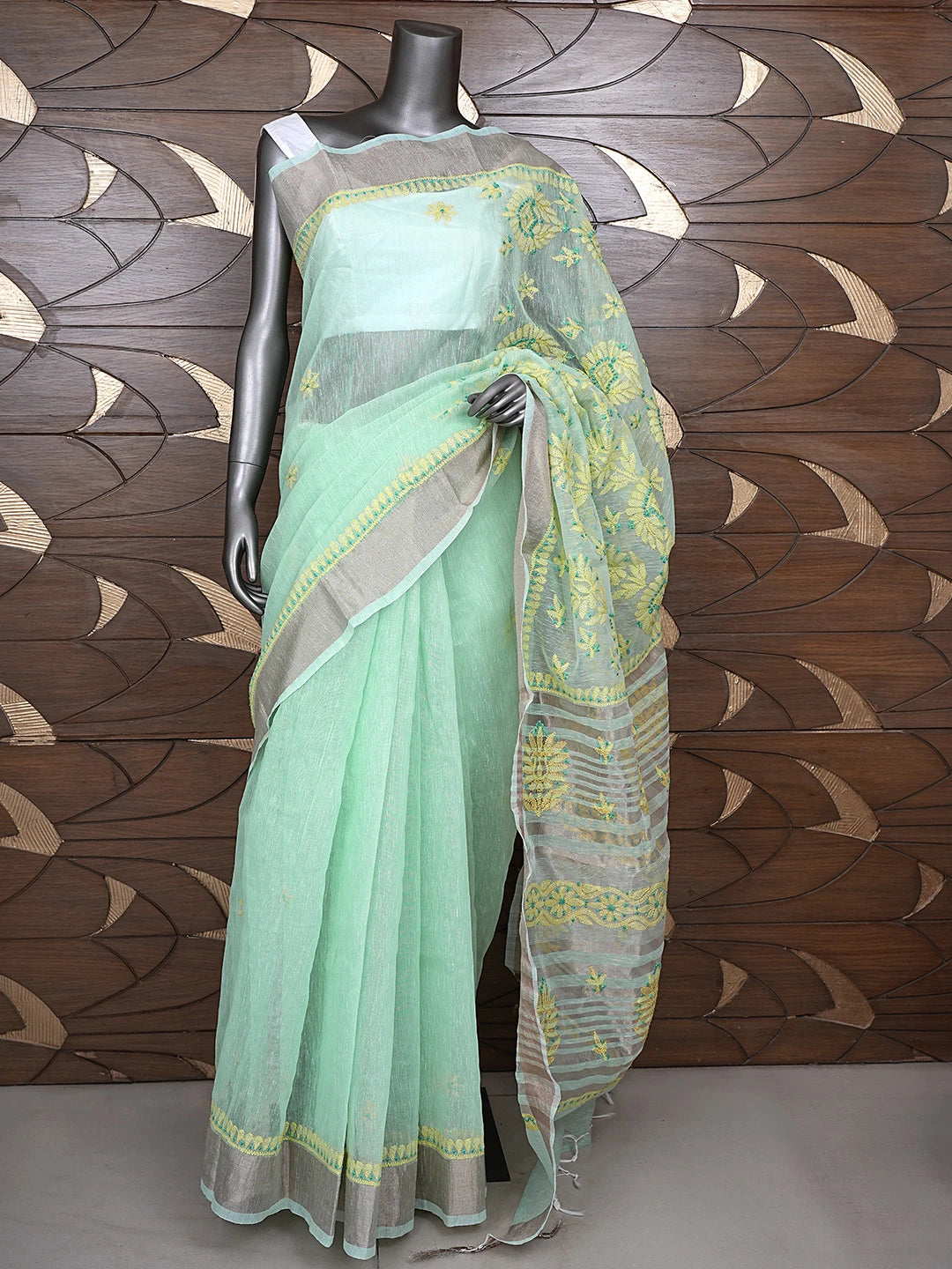 Ada Hand Embroidered Sea Green Chanderi Lucknowi Chikankari Saree With Blouse 01A869728