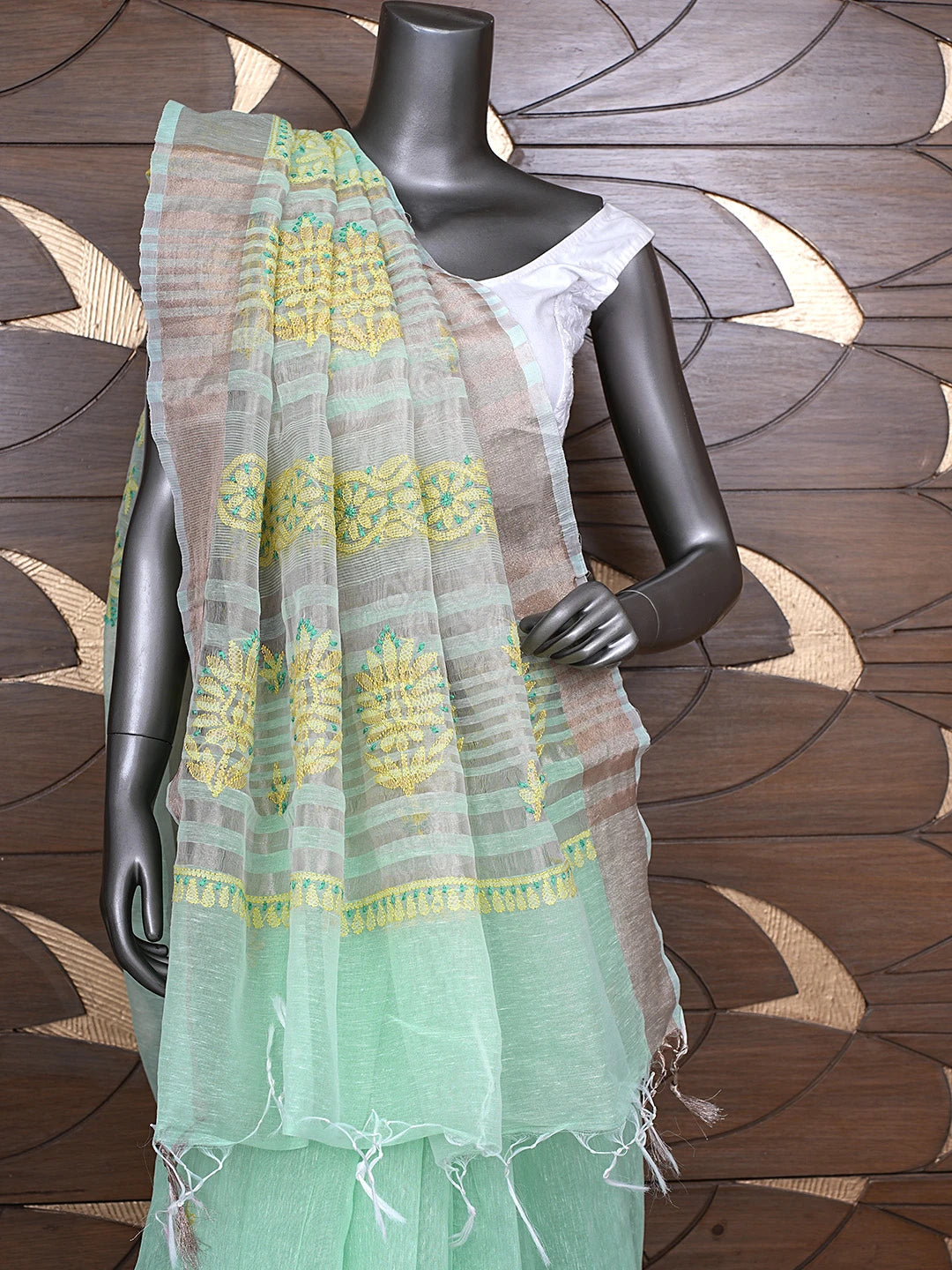 Ada Hand Embroidered Sea Green Chanderi Lucknowi Chikankari Saree With Blouse 01A869728