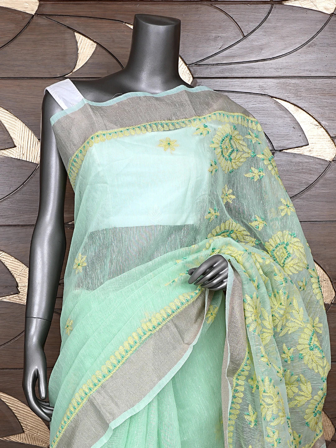 Ada Hand Embroidered Sea Green Chanderi Lucknowi Chikankari Saree With Blouse 01A869728