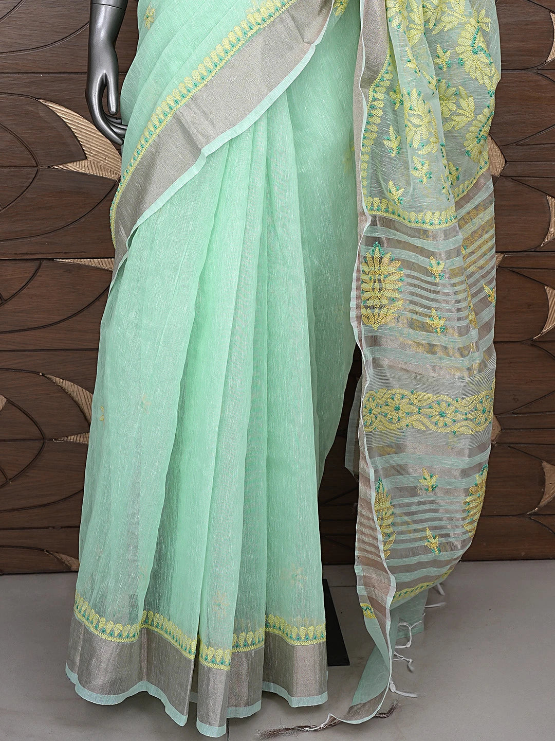 Ada Hand Embroidered Sea Green Chanderi Lucknowi Chikankari Saree With Blouse 01A869728