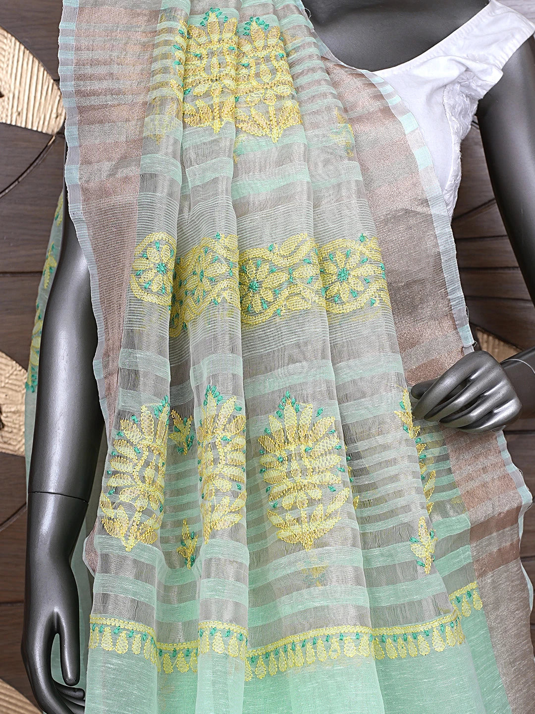 Ada Hand Embroidered Sea Green Chanderi Lucknowi Chikankari Saree With Blouse 01A869728