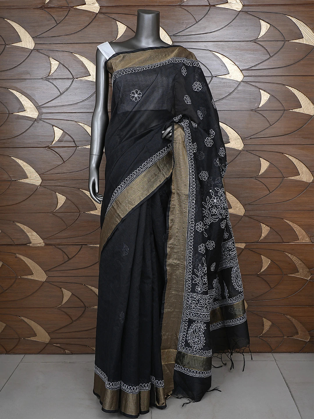 Ada Hand Embroidered Black Chanderi Lucknowi Chikankari Saree With Blouse 01A878660