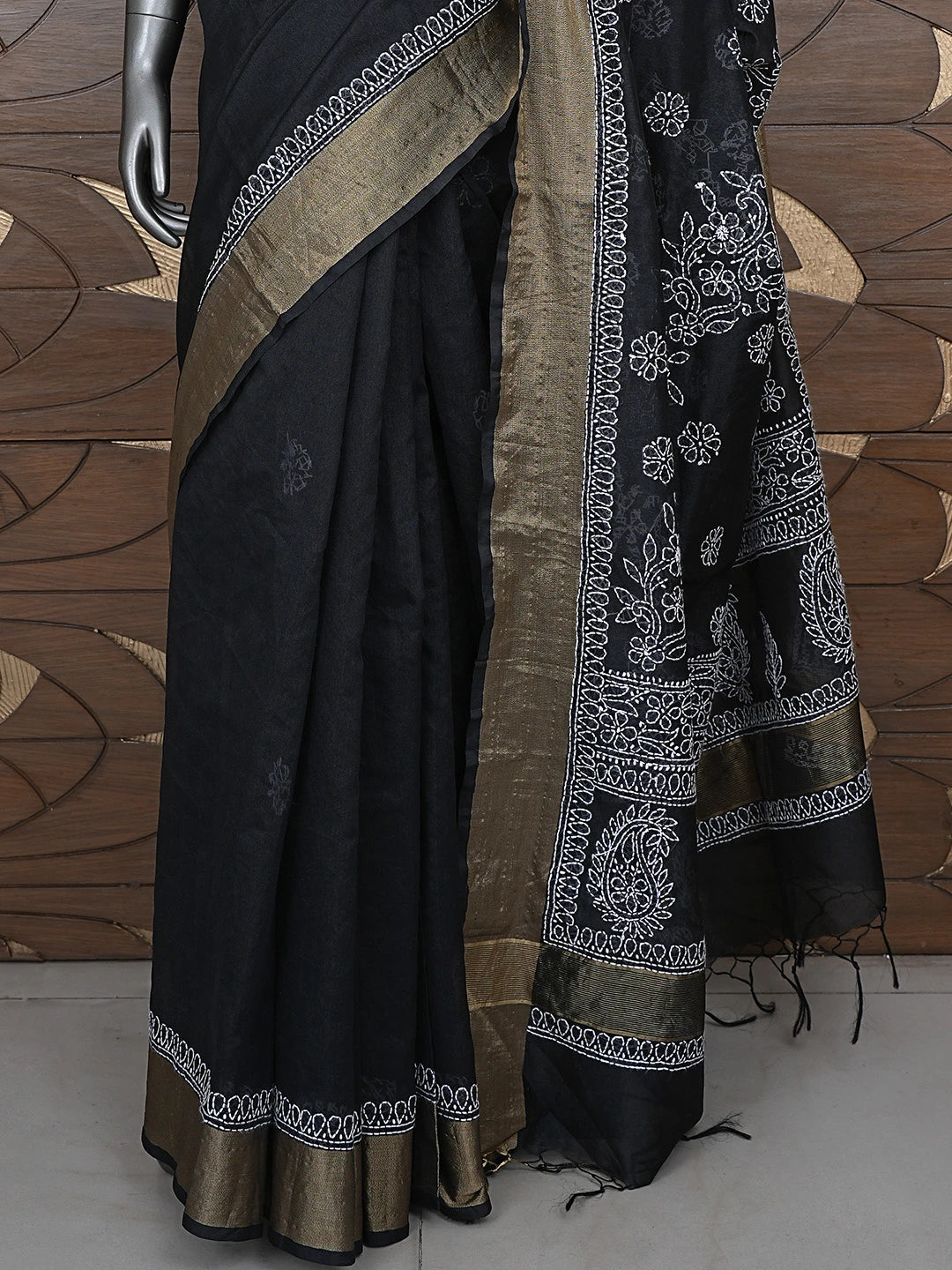 Ada Hand Embroidered Black Chanderi Lucknowi Chikankari Saree With Blouse 01A878660