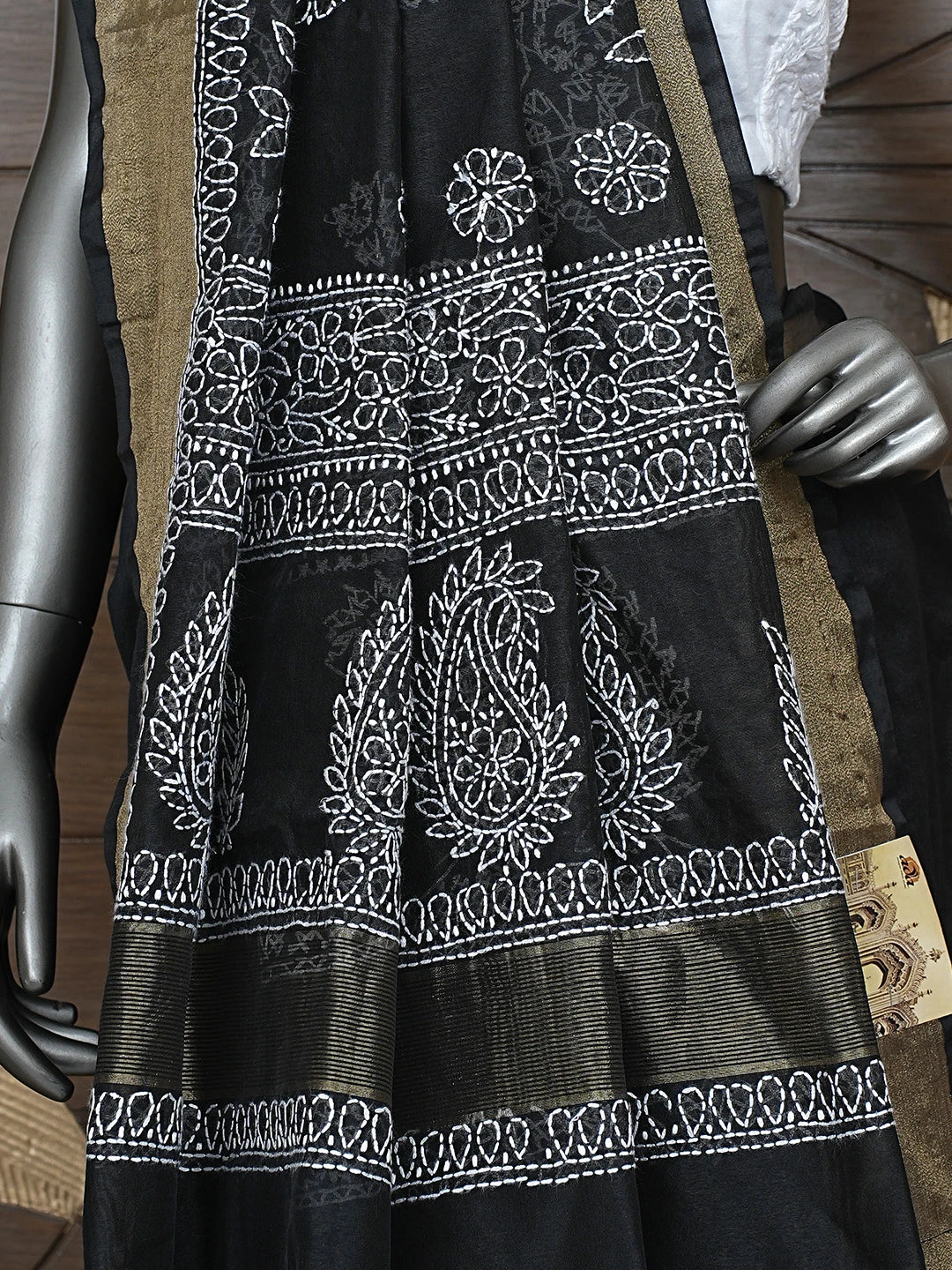Ada Hand Embroidered Black Chanderi Lucknowi Chikankari Saree With Blouse 01A878660