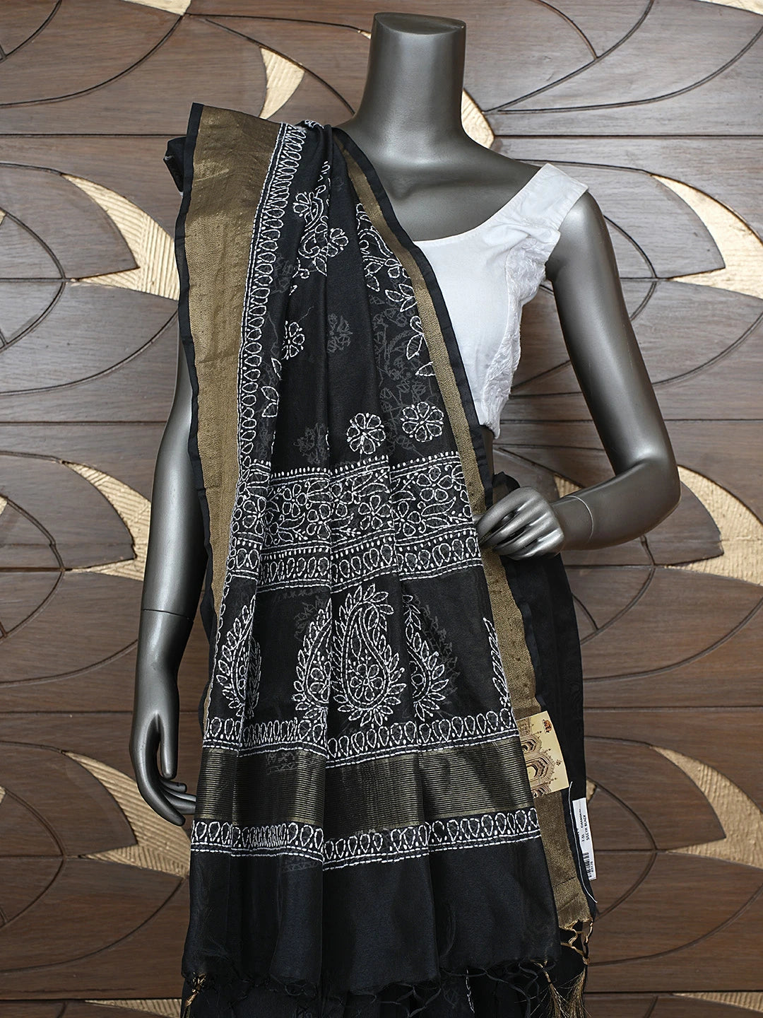 Ada Hand Embroidered Black Chanderi Lucknowi Chikankari Saree With Blouse 01A878660