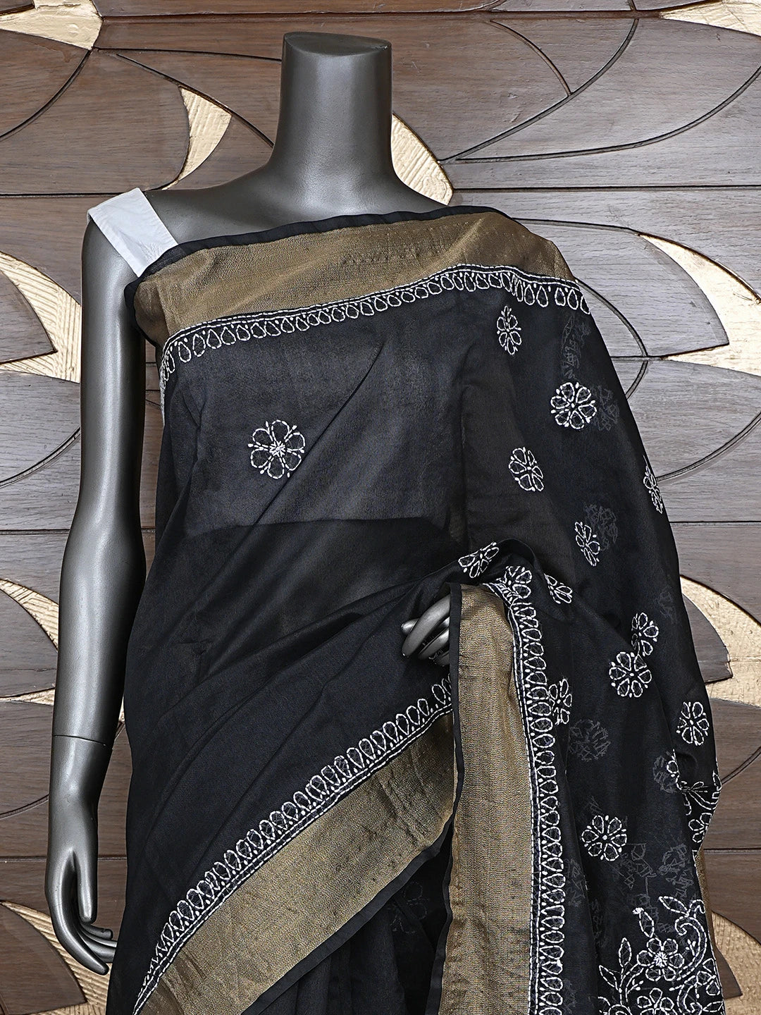 Ada Hand Embroidered Black Chanderi Lucknowi Chikankari Saree With Blouse 01A878660