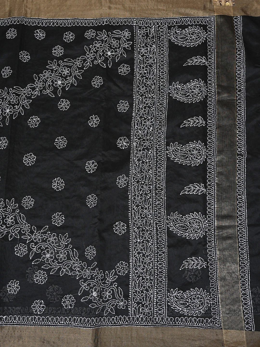 Ada Hand Embroidered Black Chanderi Lucknowi Chikankari Saree With Blouse 01A878660