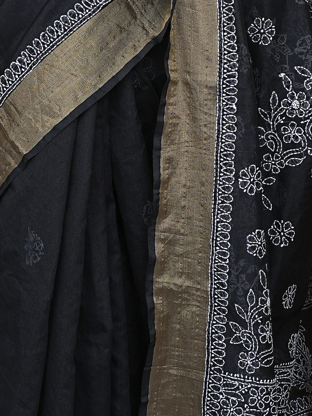 Ada Hand Embroidered Black Chanderi Lucknowi Chikankari Saree With Blouse 01A878660