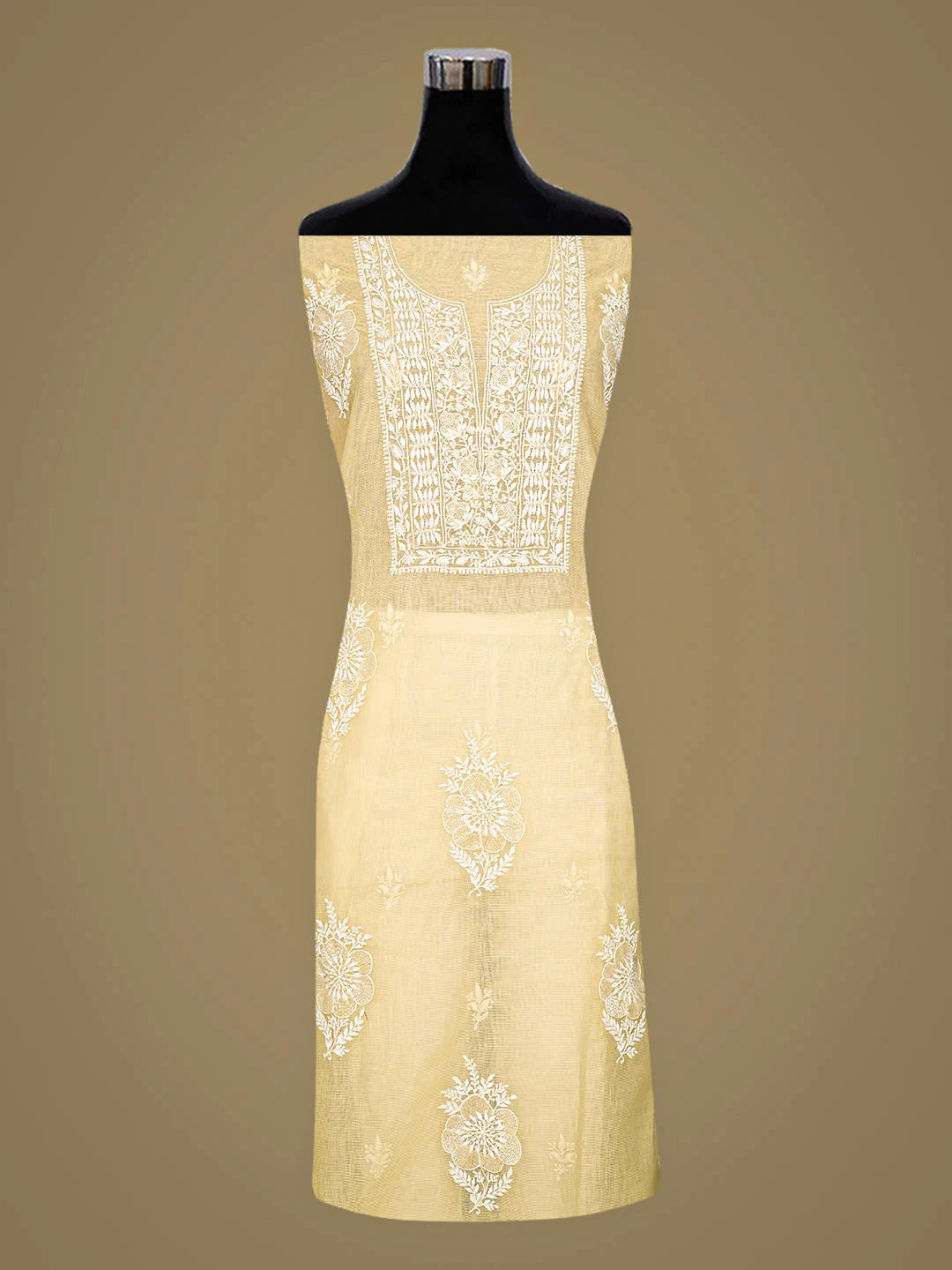 Ada Hand Embroidered Arylide Yellow Kota Chanderi Lucknowi Chikankari Unstitched Kurta Dupatta Set With Cutdana Work 01A350786