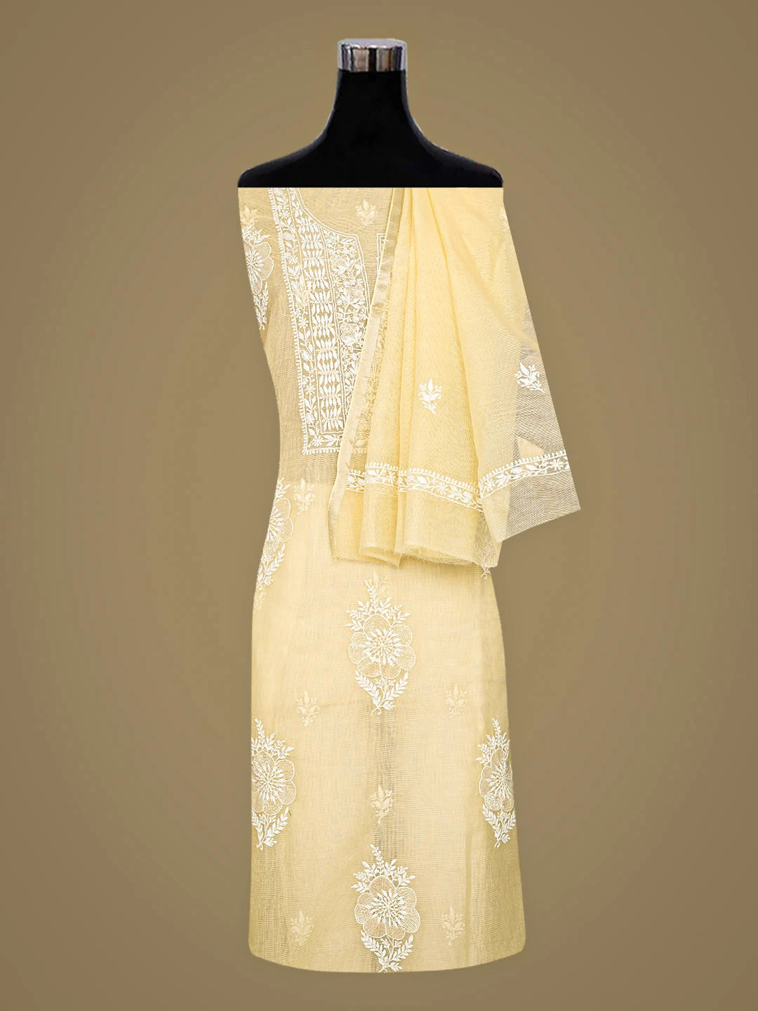 Ada Hand Embroidered Arylide Yellow Kota Chanderi Lucknowi Chikankari Unstitched Kurta Dupatta Set With Cutdana Work 01A350786
