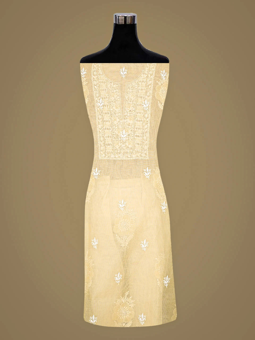 Ada Hand Embroidered Arylide Yellow Kota Chanderi Lucknowi Chikankari Unstitched Kurta Dupatta Set With Cutdana Work 01A350786