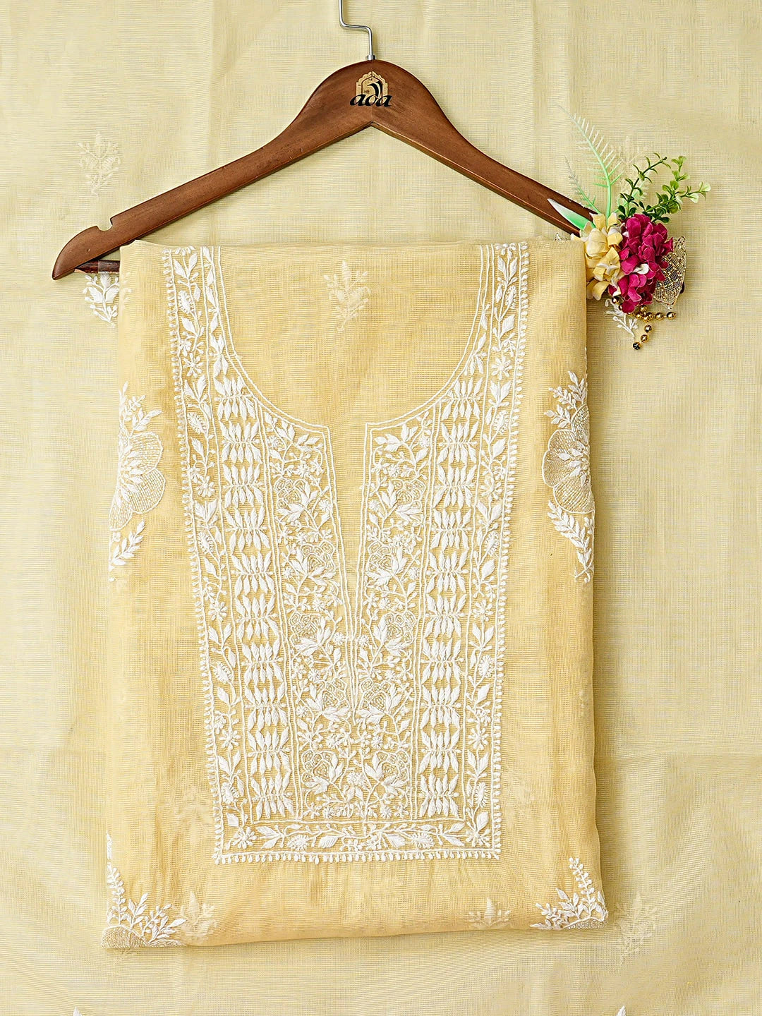 Ada Hand Embroidered Arylide Yellow Kota Chanderi Lucknowi Chikankari Unstitched Kurta Dupatta Set With Cutdana Work 01A350786