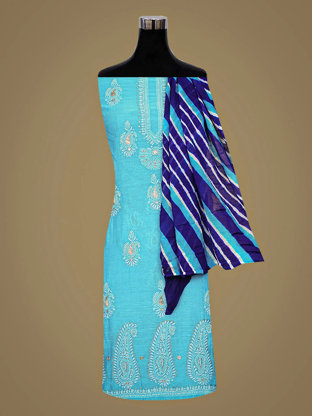 Ada Hand Embroidered Blue Chanderi Lucknowi Chikankari Unstitched Kurta Dupatta Set With Zari Work 01A216067