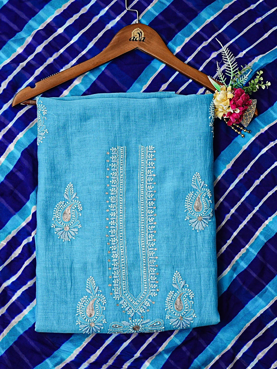 Ada Hand Embroidered Blue Chanderi Lucknowi Chikankari Unstitched Kurta Dupatta Set With Zari Work 01A216067