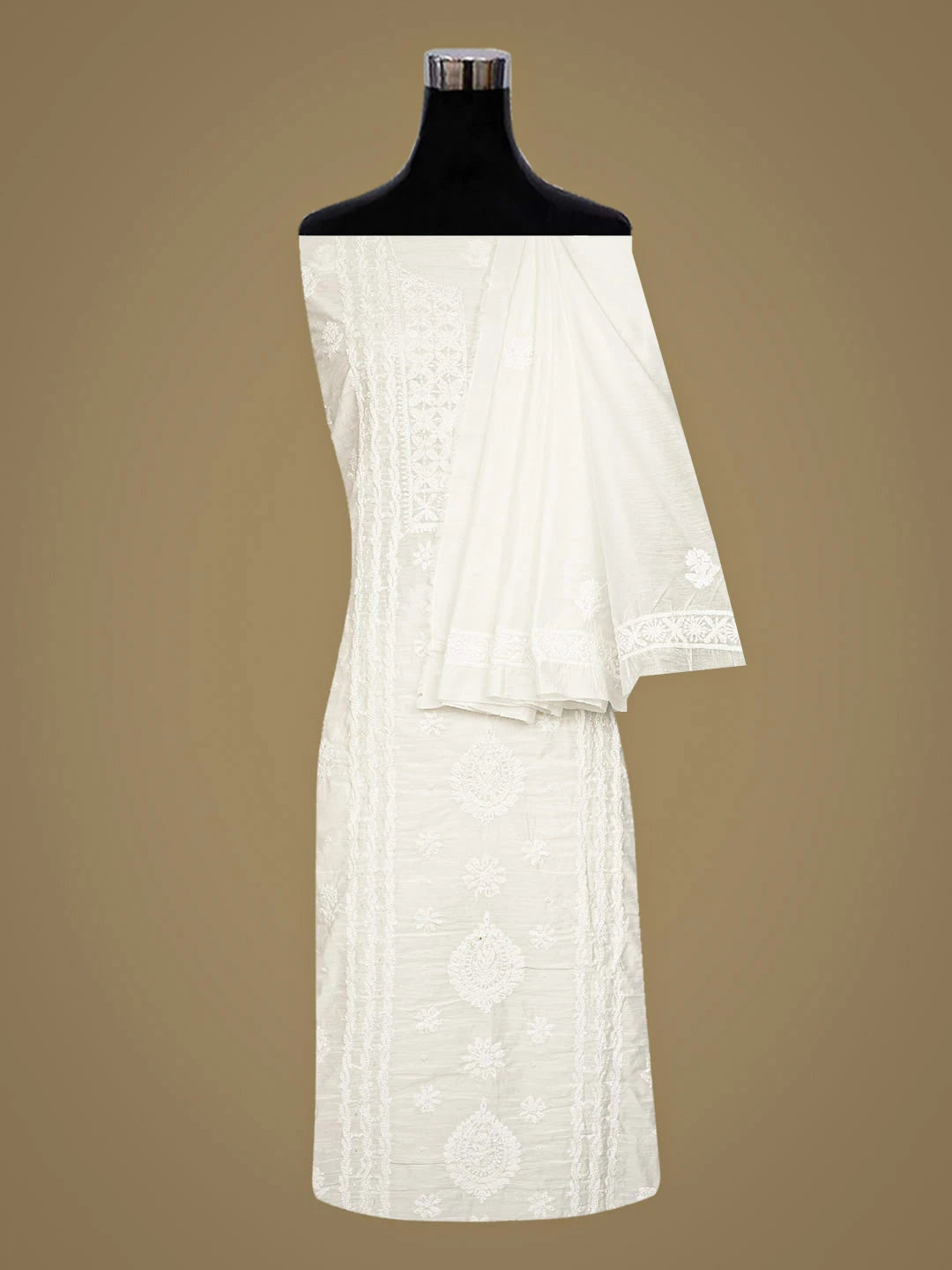 Ada Hand Embroidered White Chanderi Lucknowi Chikankari Unstitched Kurta Dupatta Set With Cutdana Work 01A685190