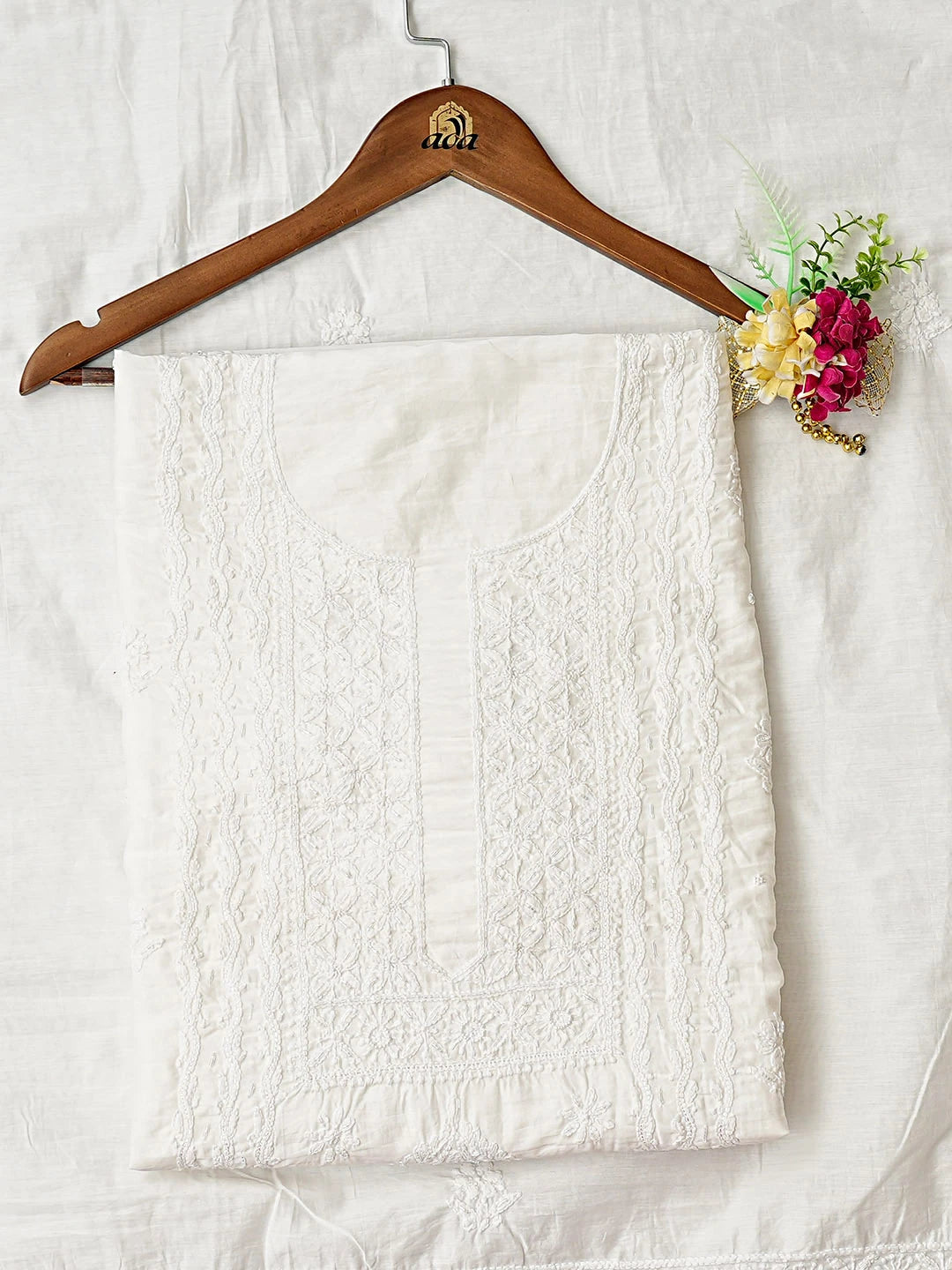 Ada Hand Embroidered White Chanderi Lucknowi Chikankari Unstitched Kurta Dupatta Set With Cutdana Work 01A685190