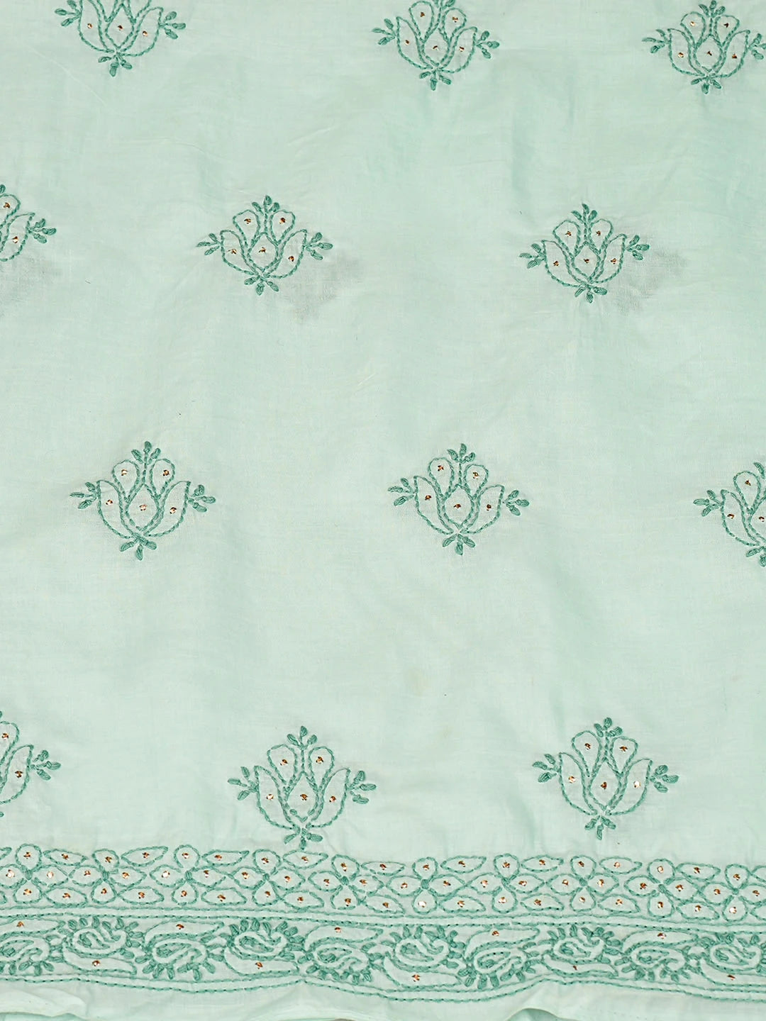 Ada Hand Embroidered Sea Green Cotton Lucknowi Chikankari Unstitched Suit Piece  with Chiffon Dupatta Muqaish/Mukaish Work 01A742507