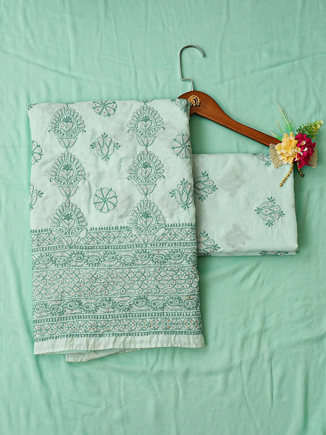 Ada Hand Embroidered Sea Green Cotton Lucknowi Chikankari Unstitched Suit Piece  with Chiffon Dupatta Muqaish/Mukaish Work 01A742507
