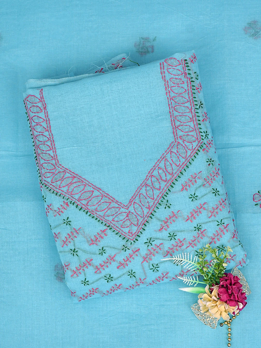 Ada Hand Embroidered Blue Cotton Lucknowi Chikankari Unstitched Suit Piece 01A893892