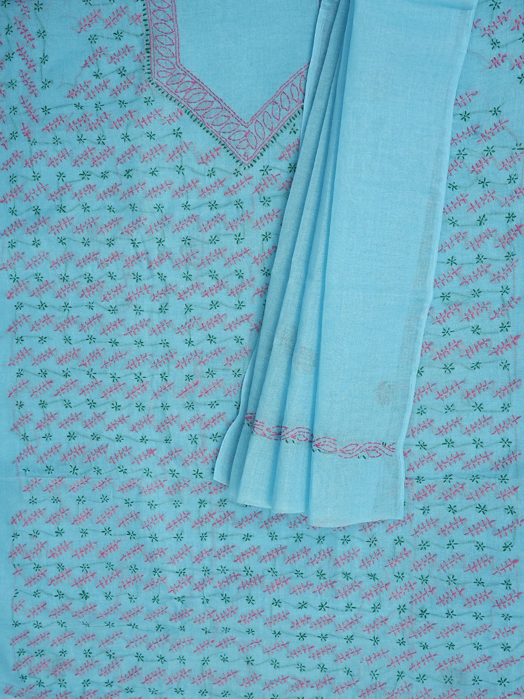 Ada Hand Embroidered Blue Cotton Lucknowi Chikankari Unstitched Suit Piece 01A893892