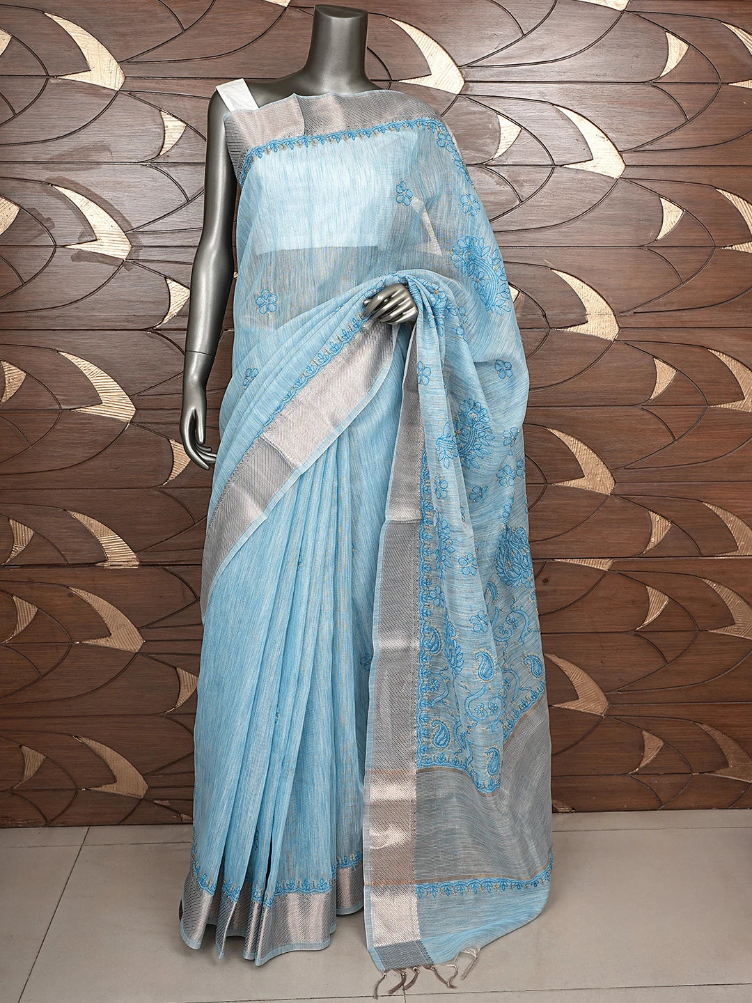 Ada Hand Embroidered Blue Tissue Lucknowi Chikankari Saree With Blouse 01A877417