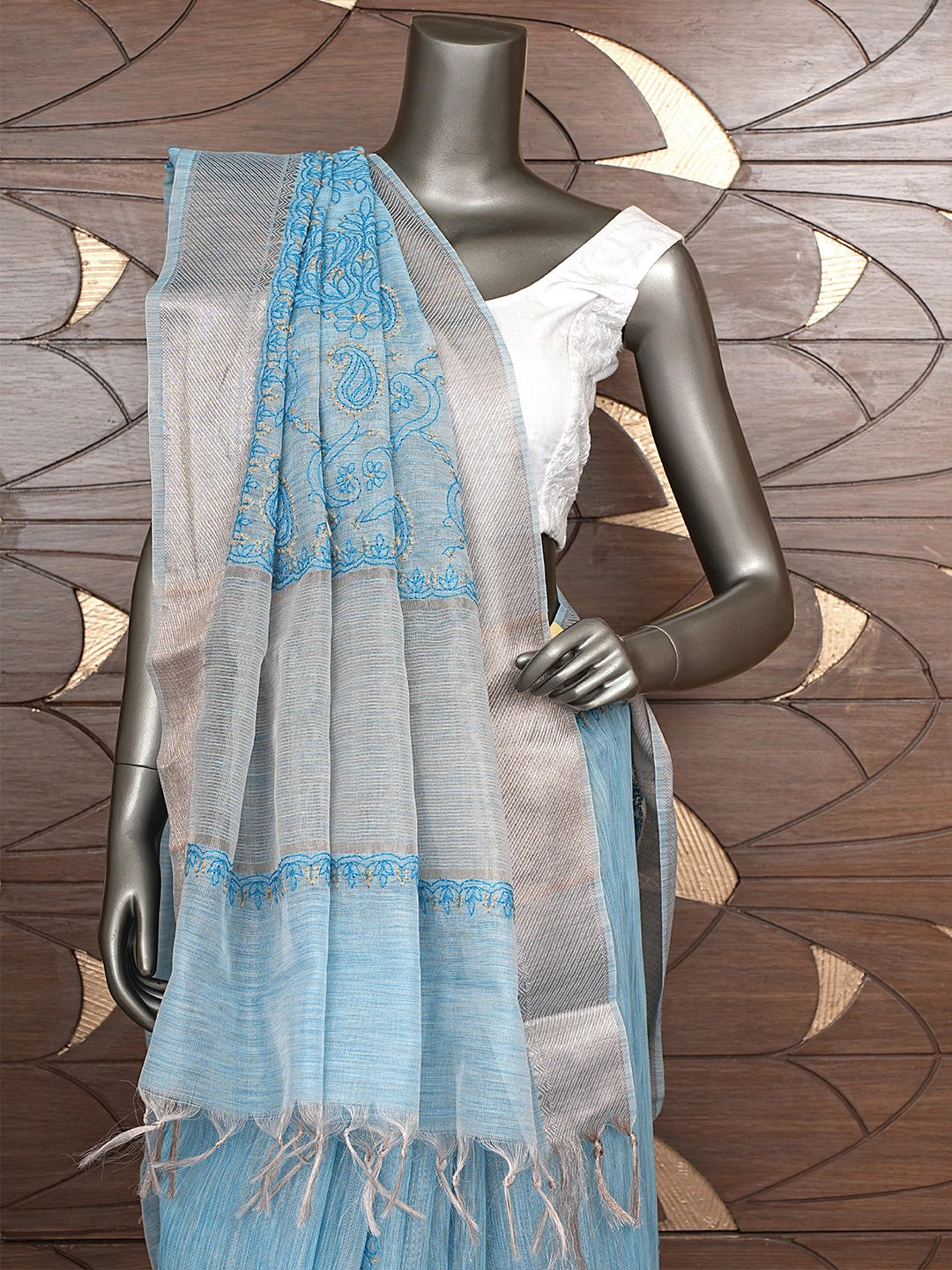 Ada Hand Embroidered Blue Tissue Lucknowi Chikankari Saree With Blouse 01A877417