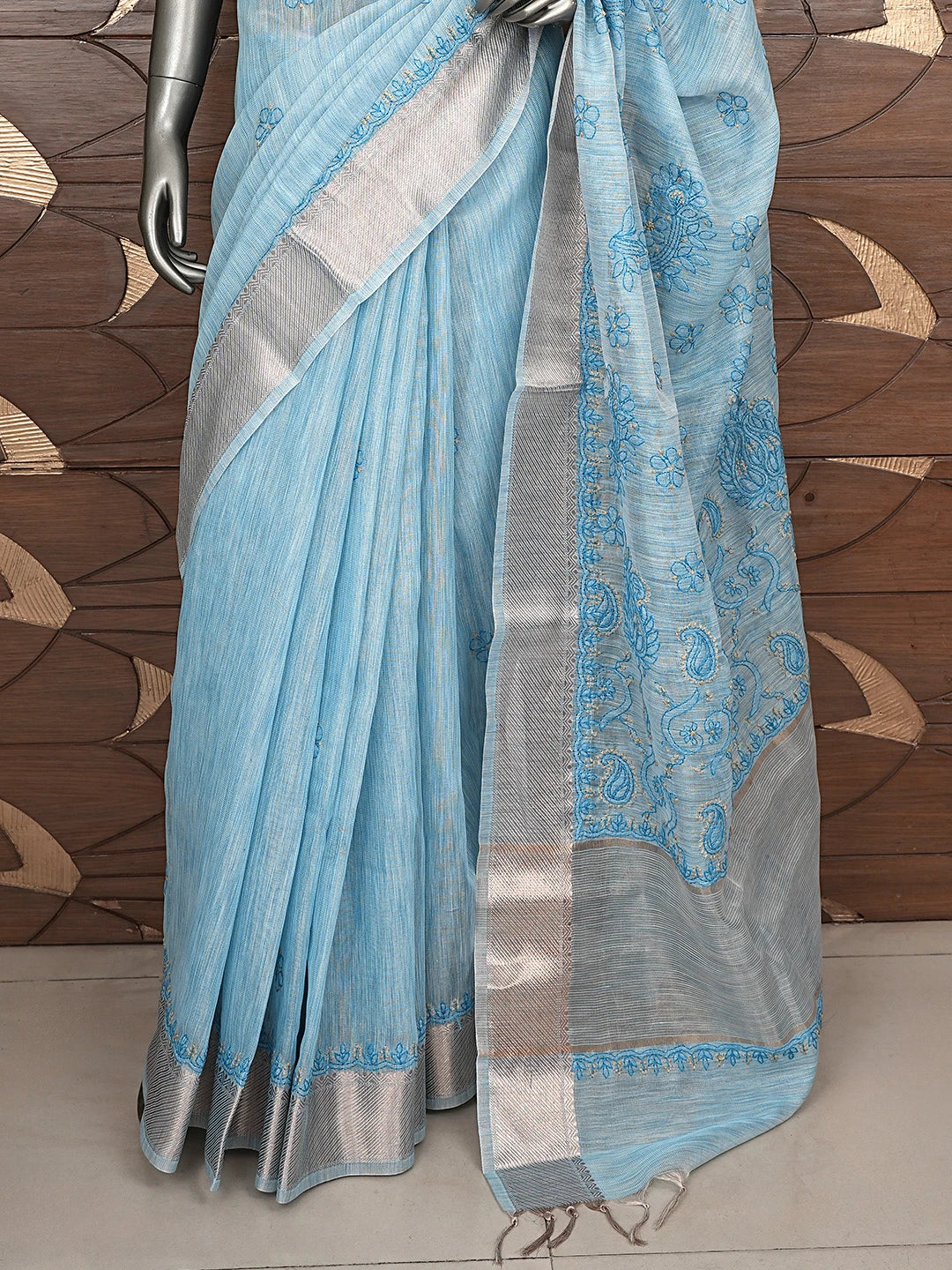 Ada Hand Embroidered Blue Tissue Lucknowi Chikankari Saree With Blouse 01A877417