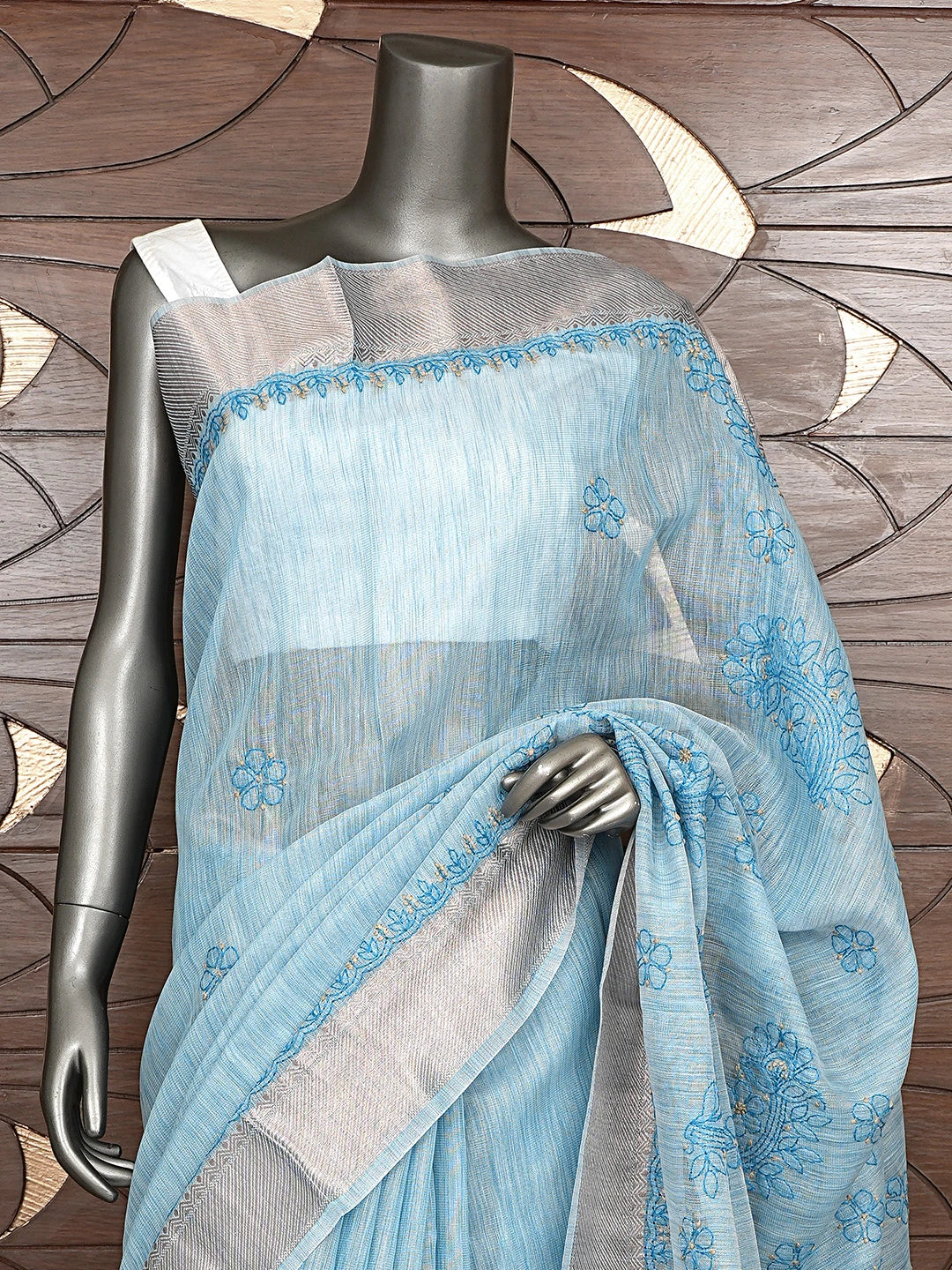 Ada Hand Embroidered Blue Tissue Lucknowi Chikankari Saree With Blouse 01A877417