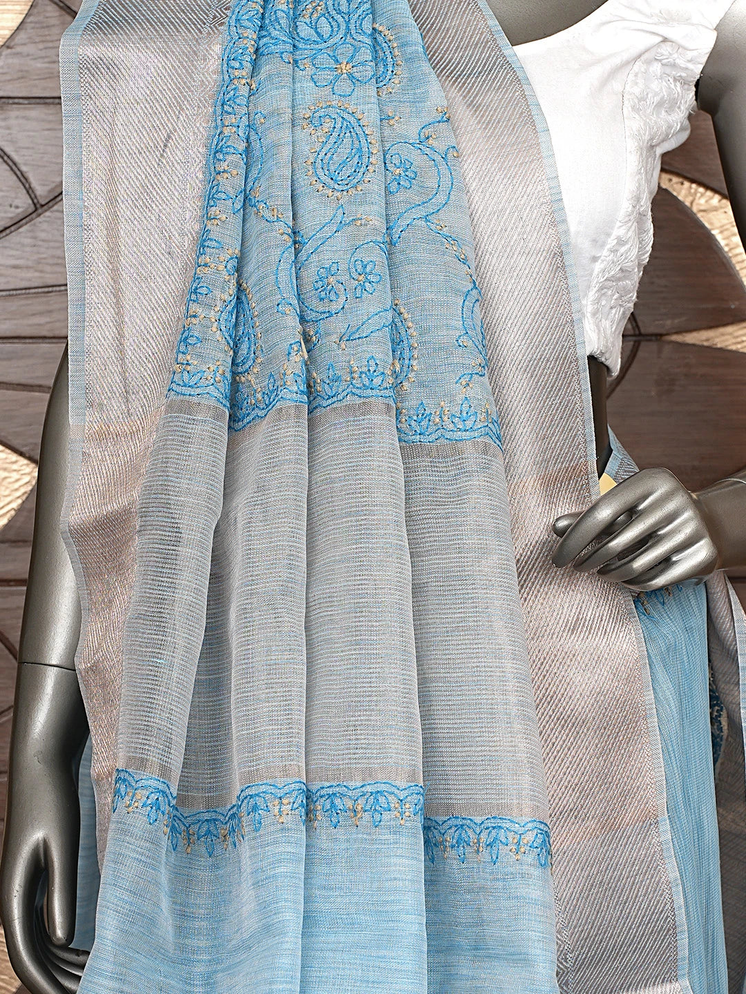 Ada Hand Embroidered Blue Tissue Lucknowi Chikankari Saree With Blouse 01A877417
