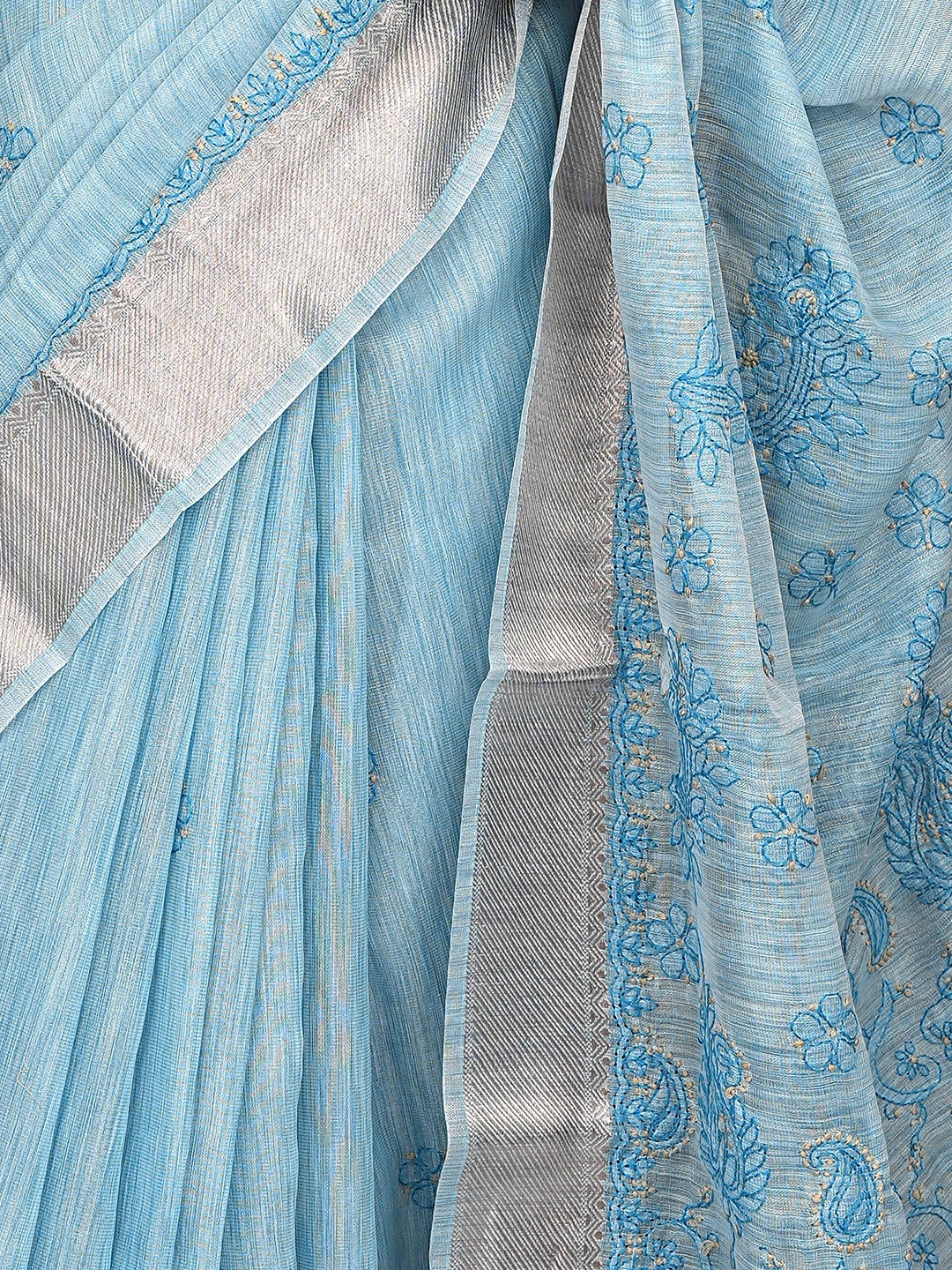 Ada Hand Embroidered Blue Tissue Lucknowi Chikankari Saree With Blouse 01A877417