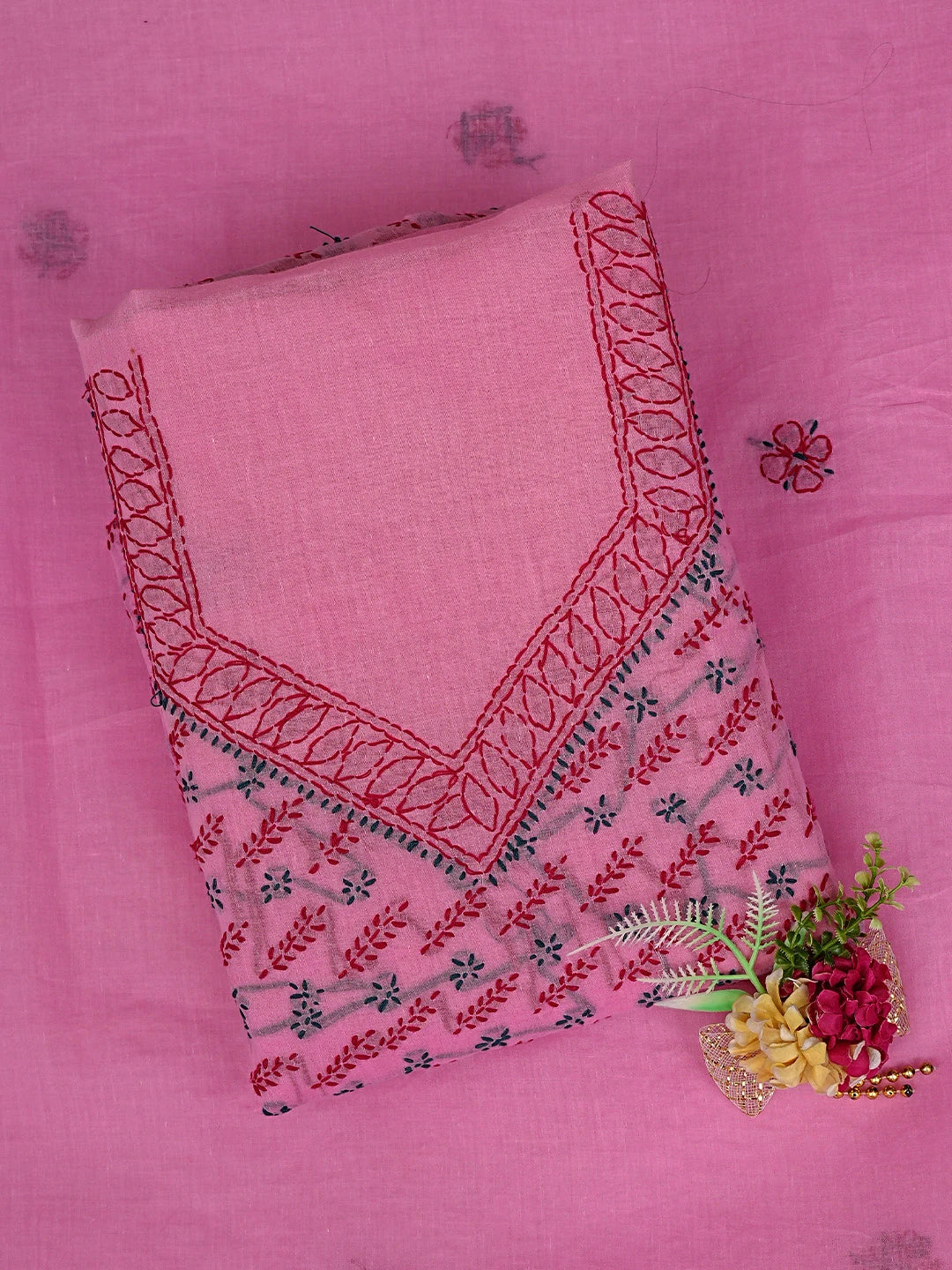 Ada Hand Embroidered Pink Cotton Lucknowi Chikankari Unstitched Suit Piece 01A893884