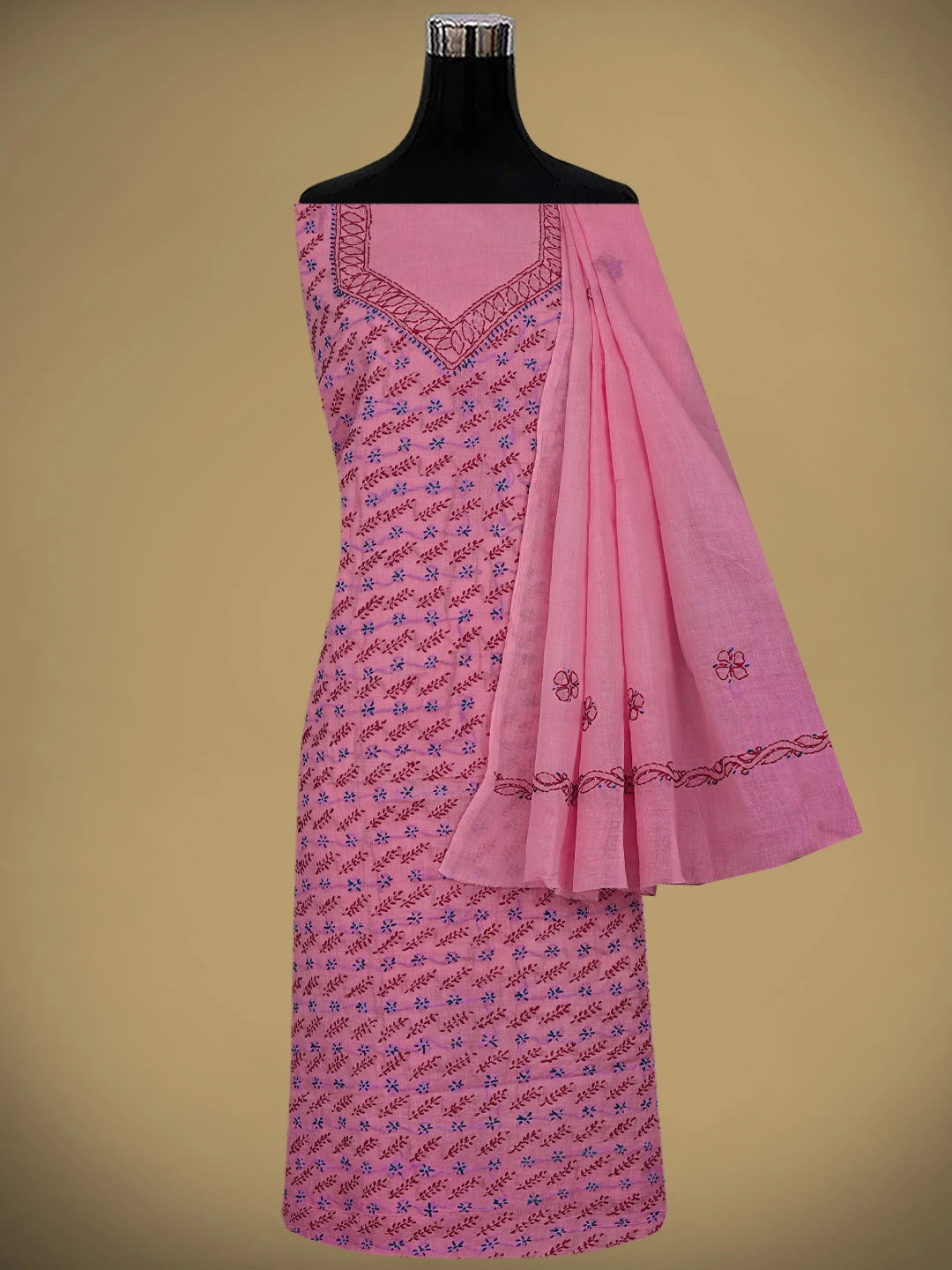 Ada Hand Embroidered Pink Cotton Lucknowi Chikankari Unstitched Suit Piece 01A893884