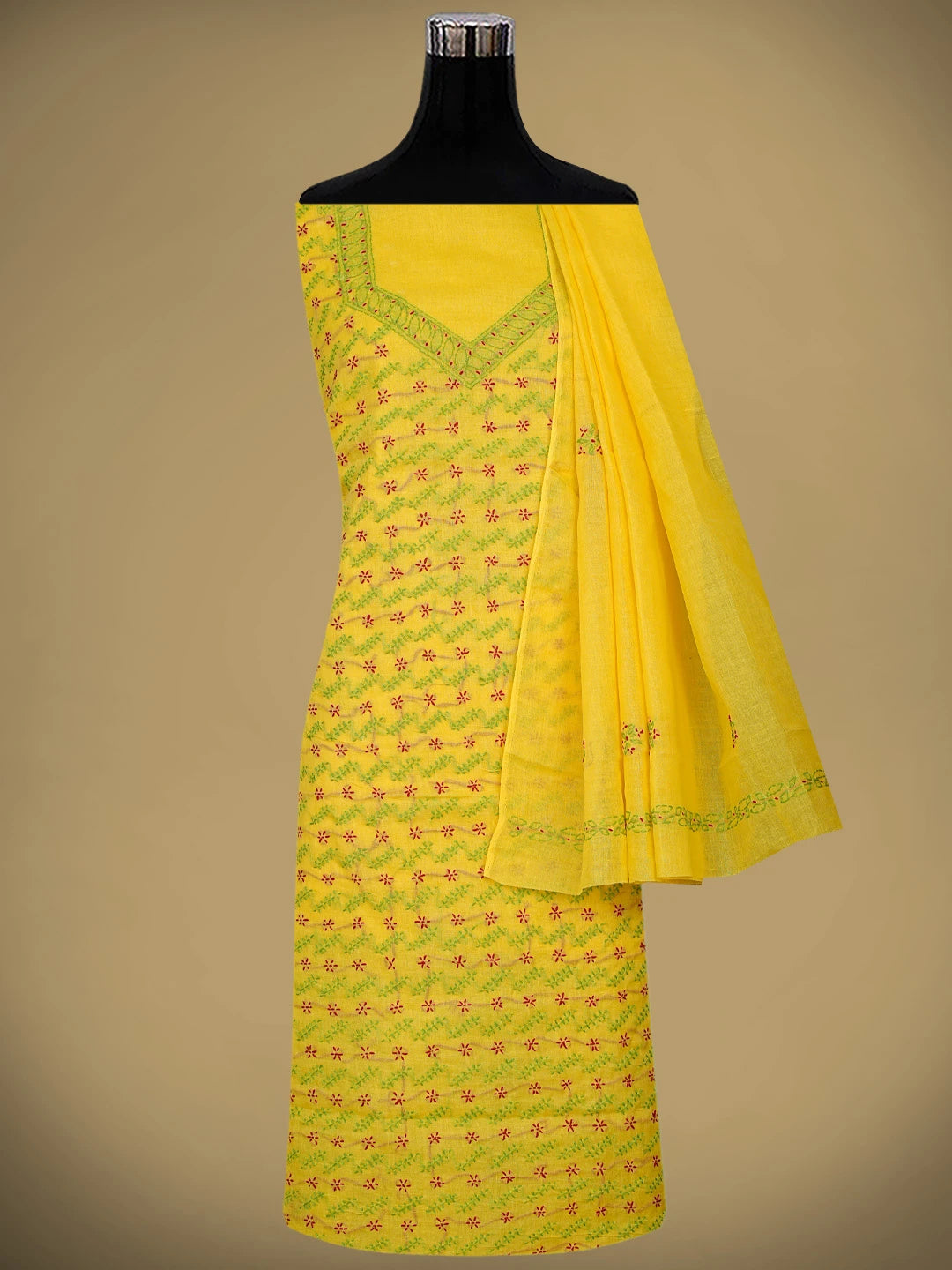 Ada Hand Embroidered Yellow Cotton Lucknowi Chikankari Unstitched Suit Piece 01A893888