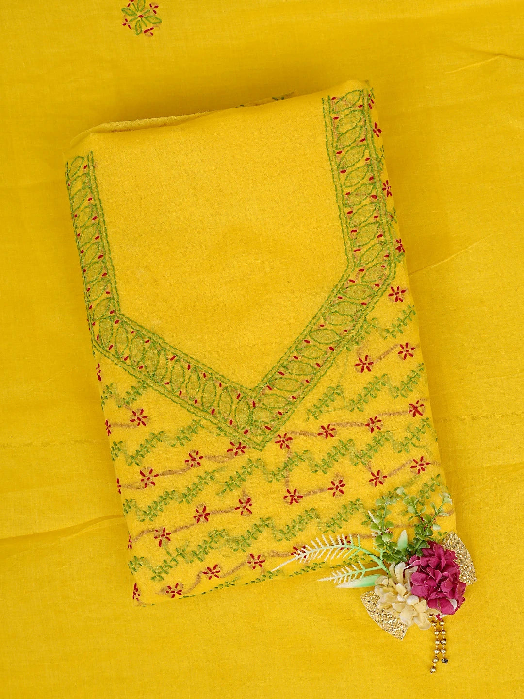 Ada Hand Embroidered Yellow Cotton Lucknowi Chikankari Unstitched Suit Piece 01A893888