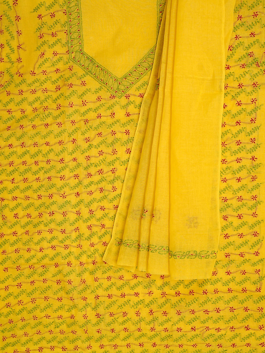 Ada Hand Embroidered Yellow Cotton Lucknowi Chikankari Unstitched Suit Piece 01A893888