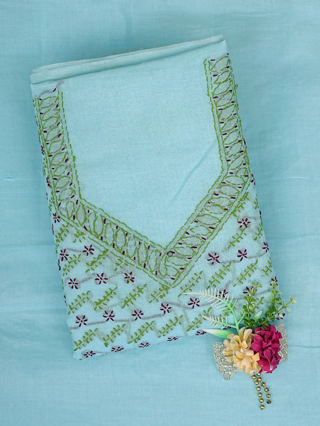 Ada Hand Embroidered Ice Blue Cotton Lucknowi Chikankari Unstitched Suit Piece 01A893896